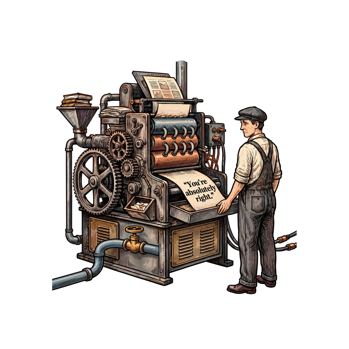 Engraved illustration of an antique printing press with gears, rollers, a water pipe and valve, and power cables, fed by a hopper of books. A worker in cap and overalls watches it print a sheet reading "You're absolutely right." Artwork shown on the White garment colour.
