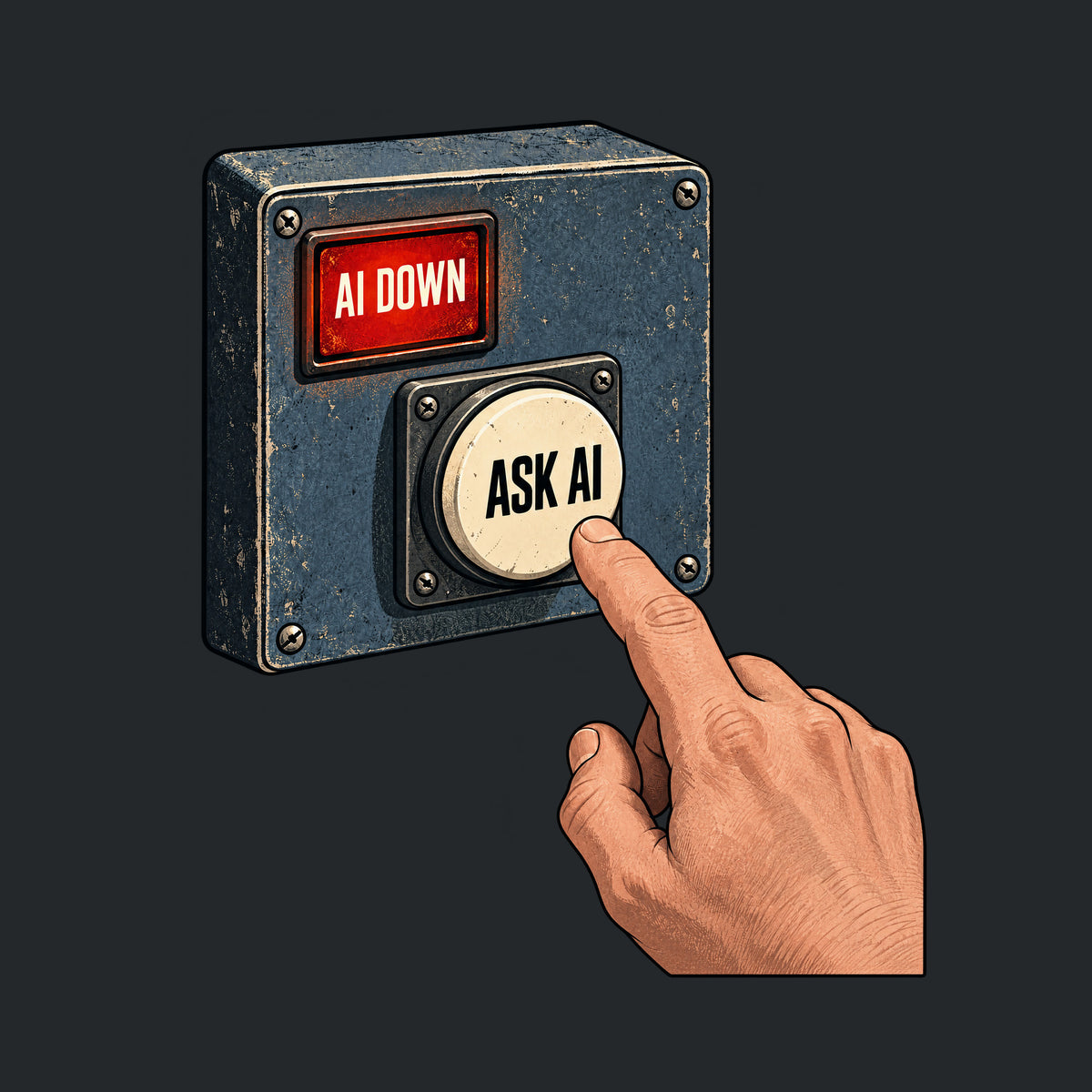 Illustration of a metal control panel with a glowing red rectangular alert reading AI DOWN and a round cream push-button reading ASK AI; a human index finger hovers just above the button. Artwork shown on the Black garment colour.