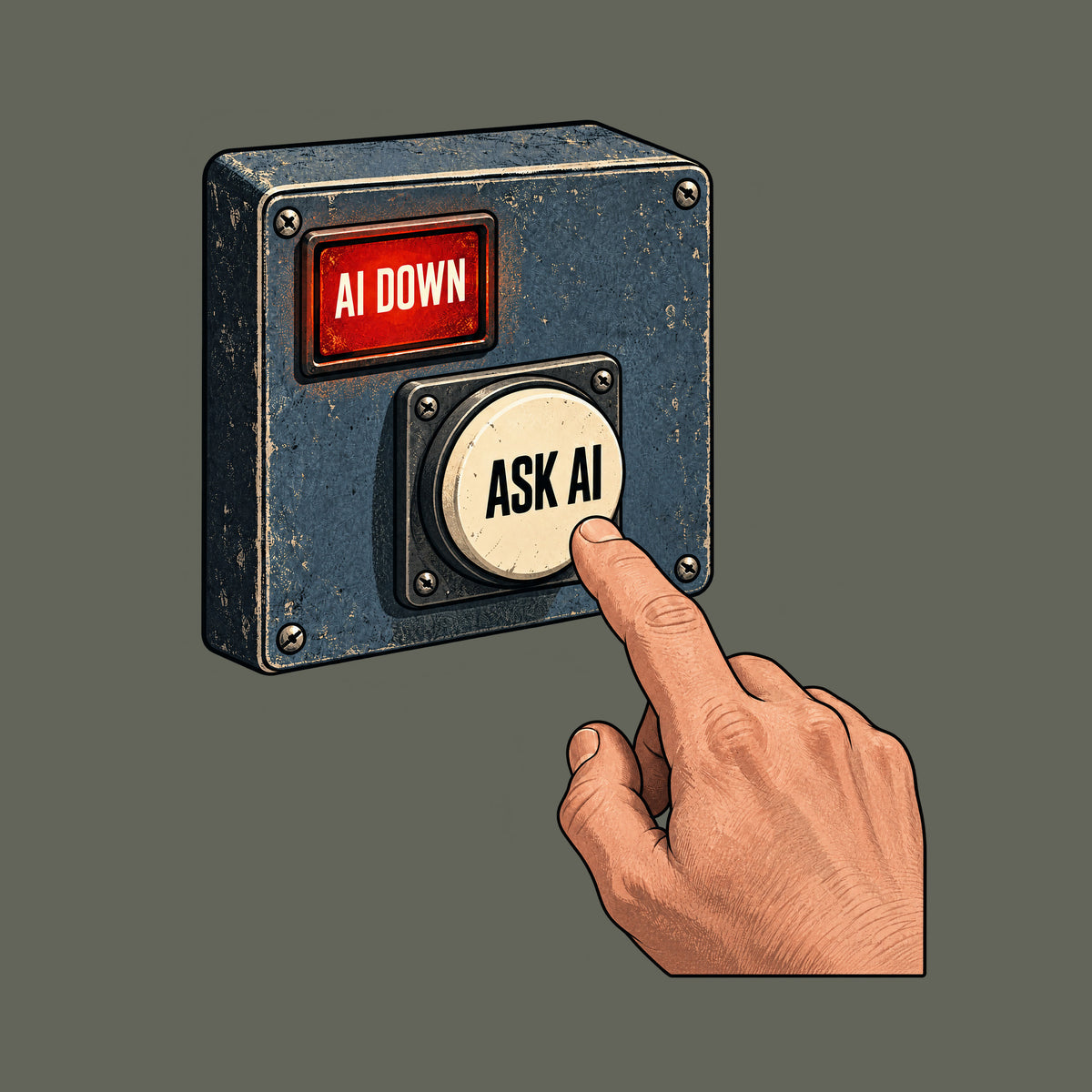 Illustration of a metal control panel with a glowing red rectangular alert reading AI DOWN and a round cream push-button reading ASK AI; a human index finger hovers just above the button. Artwork shown on the Military Green garment colour.