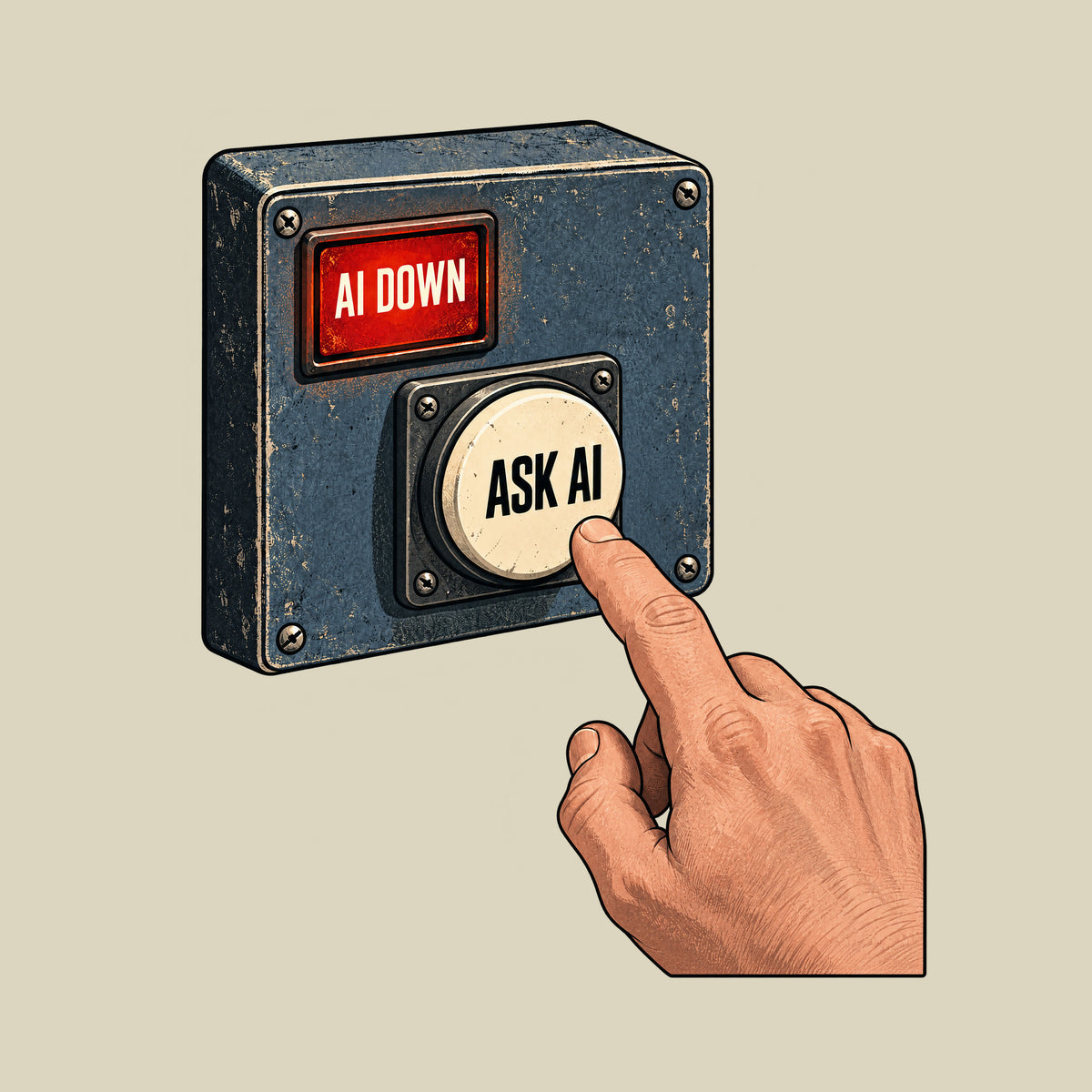 Illustration of a metal control panel with a glowing red rectangular alert reading AI DOWN and a round cream push-button reading ASK AI; a human index finger hovers just above the button. Artwork shown on the Natural garment colour.