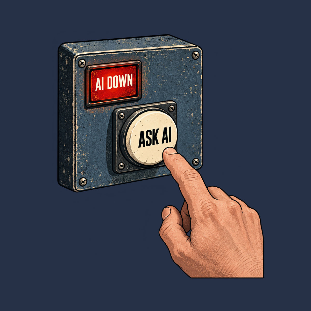 Illustration of a metal control panel with a glowing red rectangular alert reading AI DOWN and a round cream push-button reading ASK AI; a human index finger hovers just above the button. Artwork shown on the Navy garment colour.