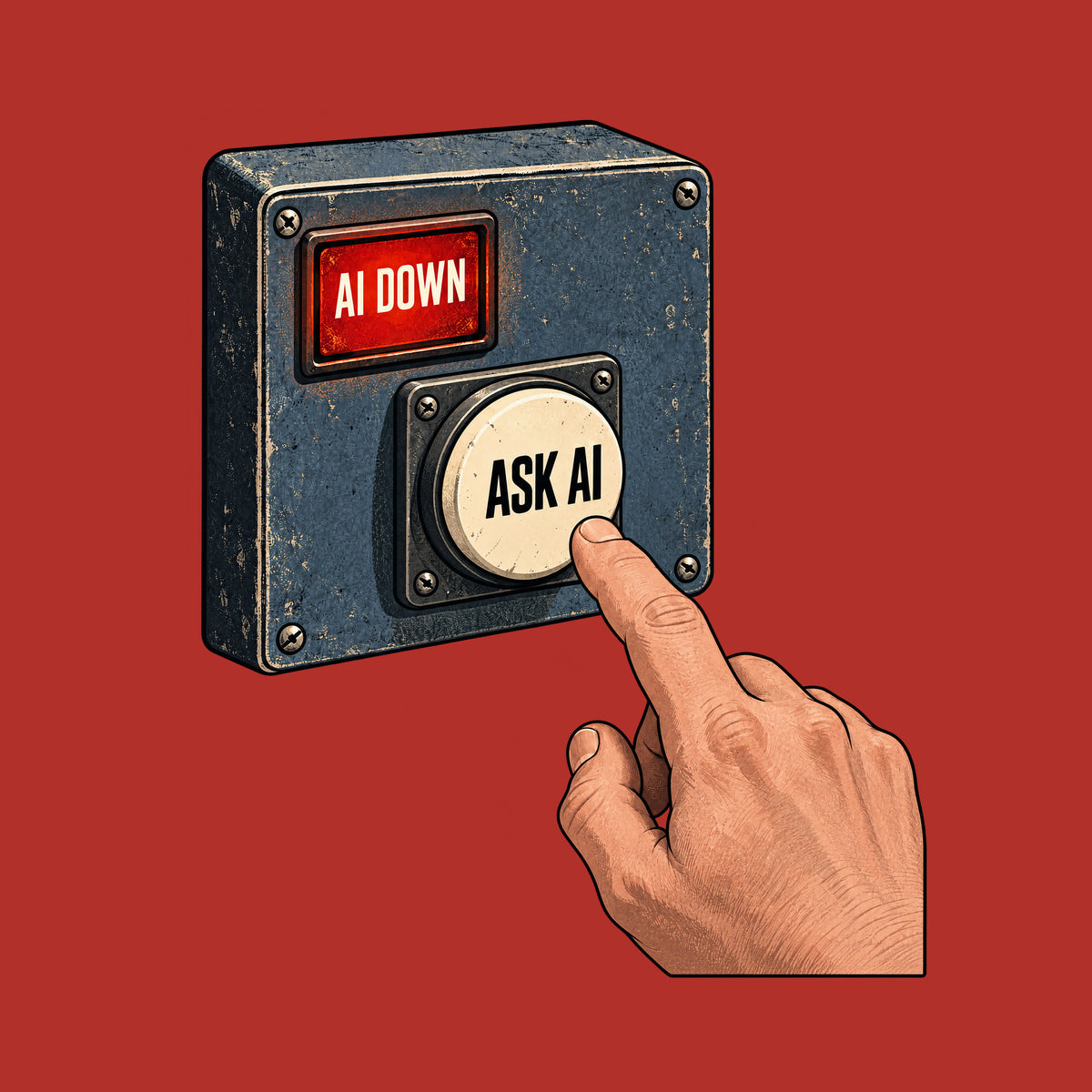 Illustration of a metal control panel with a glowing red rectangular alert reading AI DOWN and a round cream push-button reading ASK AI; a human index finger hovers just above the button. Artwork shown on the Red garment colour.