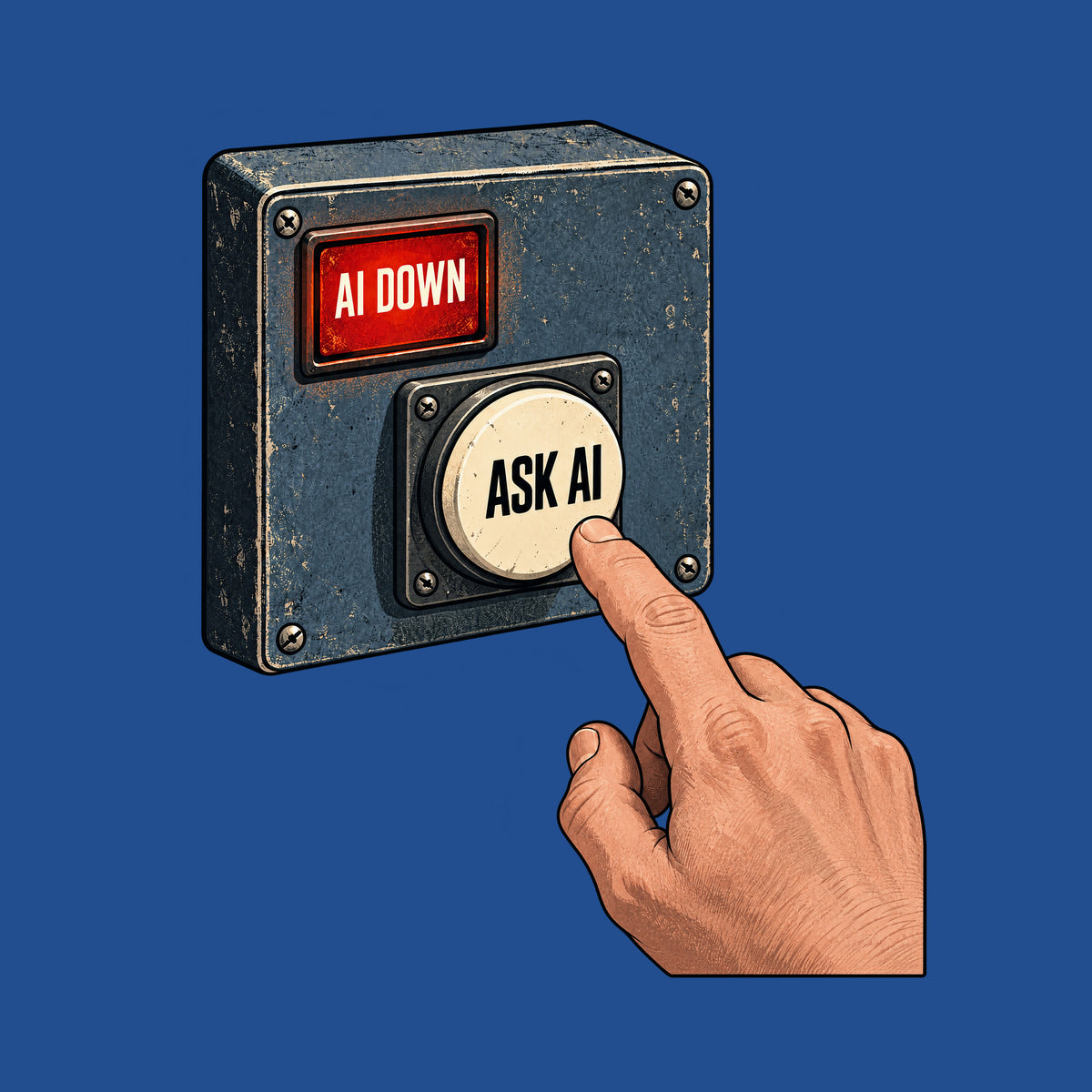 Illustration of a metal control panel with a glowing red rectangular alert reading AI DOWN and a round cream push-button reading ASK AI; a human index finger hovers just above the button. Artwork shown on the Royal garment colour.