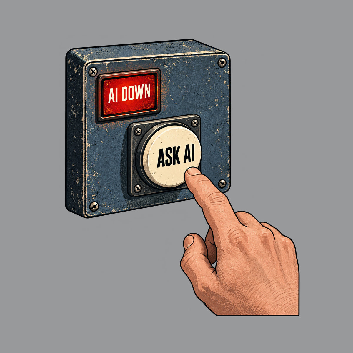 Illustration of a metal control panel with a glowing red rectangular alert reading AI DOWN and a round cream push-button reading ASK AI; a human index finger hovers just above the button. Artwork shown on the Sport Grey garment colour.