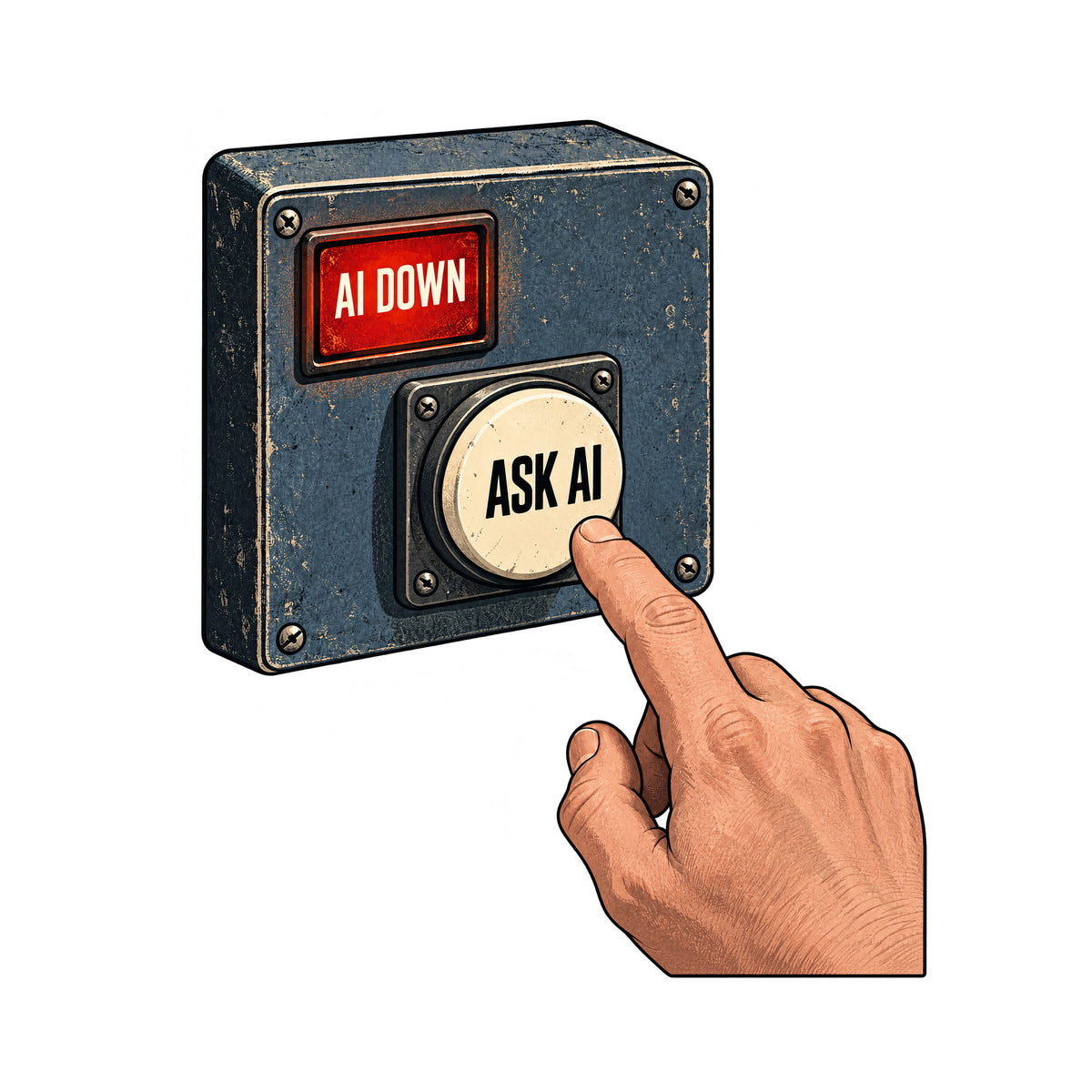 Illustration of a metal control panel with a glowing red rectangular alert reading AI DOWN and a round cream push-button reading ASK AI; a human index finger hovers just above the button. Artwork shown on the White garment colour.
