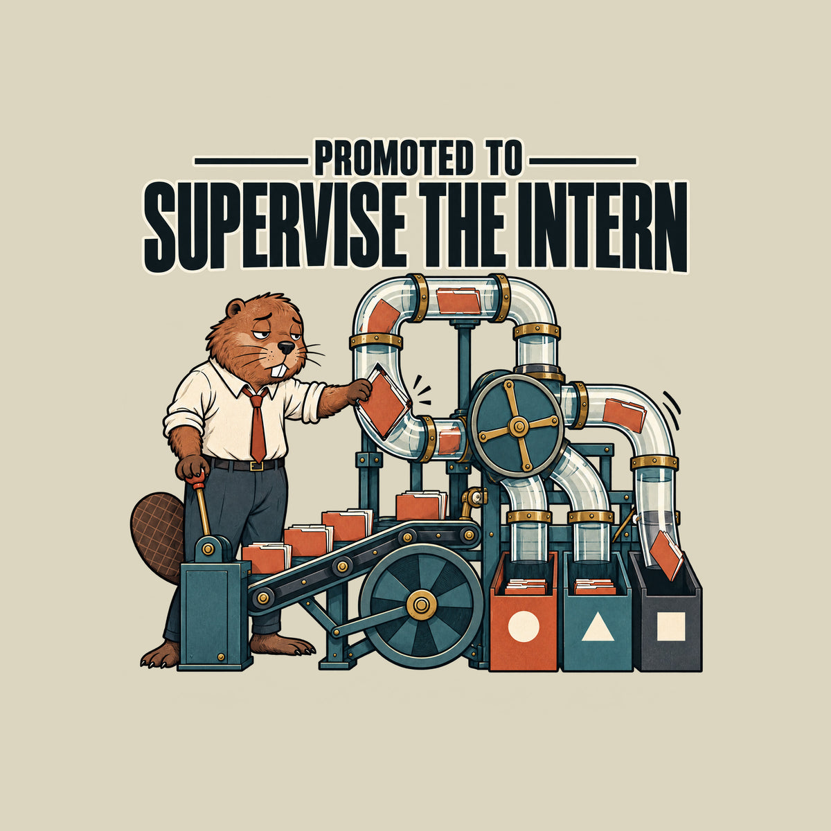 Illustration of a tired anthropomorphic beaver in a shirt and tie beside a pneumatic sorting machine, freeing a jammed folder while another is misrouted. Bold headline reads PROMOTED TO SUPERVISE THE INTERN. Artwork shown on the Natural garment colour.