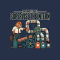 Illustration of a tired anthropomorphic beaver in a shirt and tie beside a pneumatic sorting machine, freeing a jammed folder while another is misrouted. Bold headline reads PROMOTED TO SUPERVISE THE INTERN. Artwork shown on the Navy garment colour.