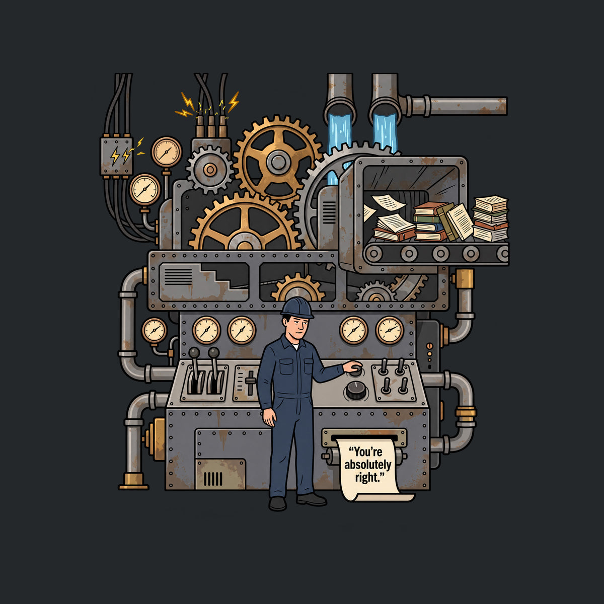 Illustrated industrial machine with exposed gears, gauges and pipes; books feed in on a conveyor while an operator presses a button as a printed sheet reads "You're absolutely right." Artwork shown on the Black garment colour.