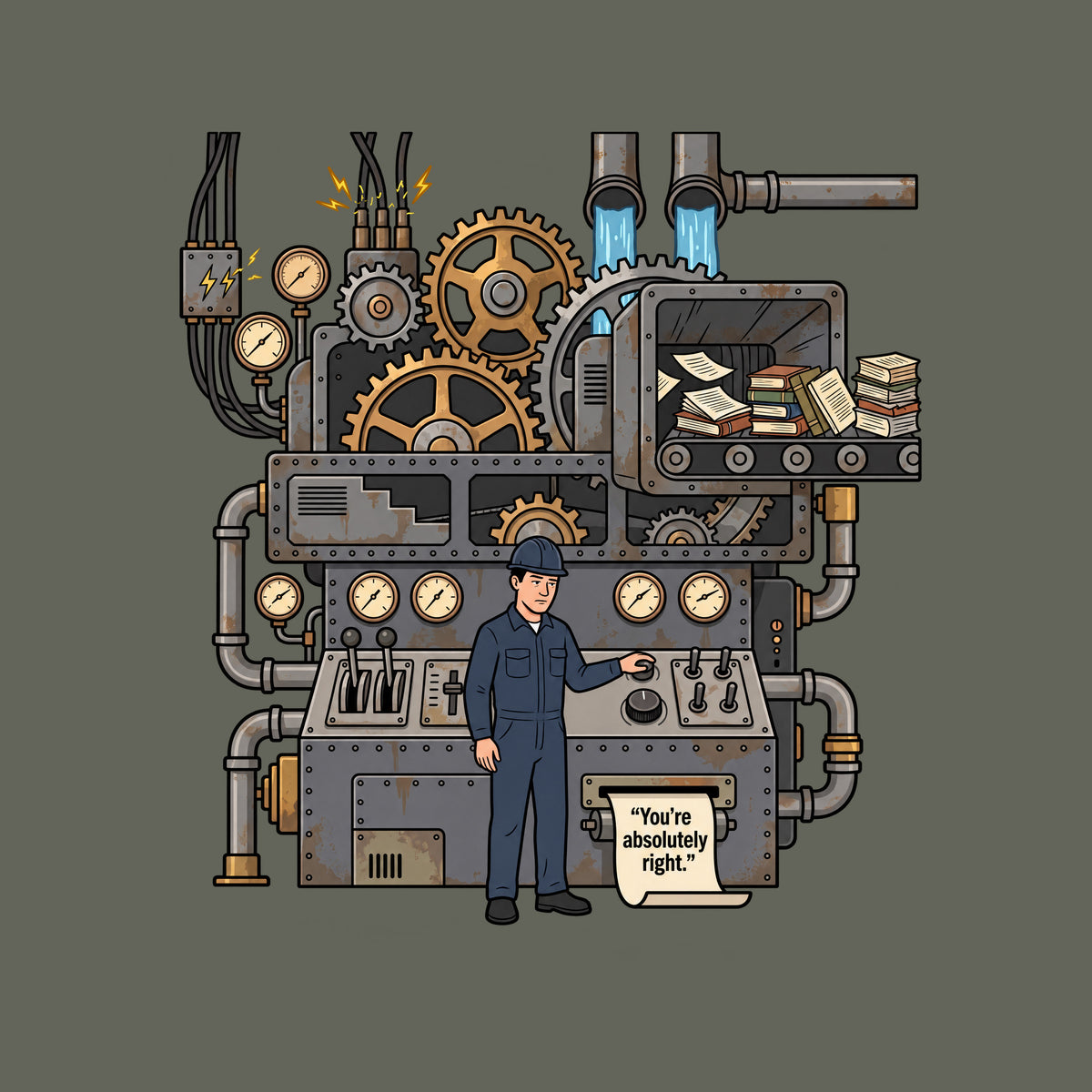 Illustrated industrial machine with exposed gears, gauges and pipes; books feed in on a conveyor while an operator presses a button as a printed sheet reads "You're absolutely right." Artwork shown on the Military Green garment colour.