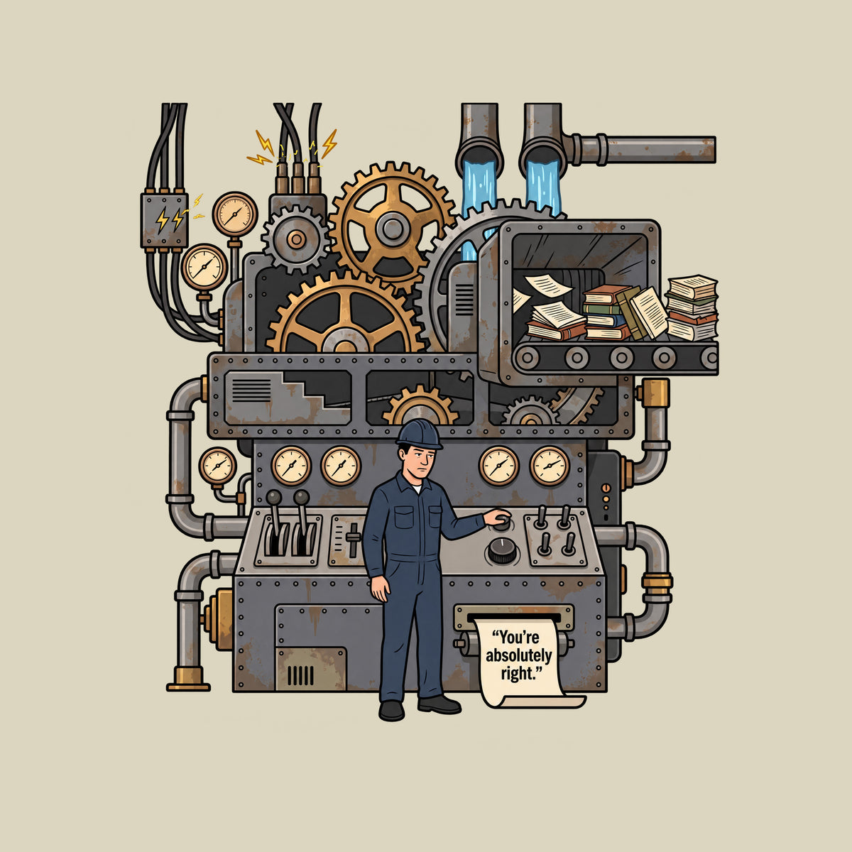 Illustrated industrial machine with exposed gears, gauges and pipes; books feed in on a conveyor while an operator presses a button as a printed sheet reads "You're absolutely right." Artwork shown on the Natural garment colour.