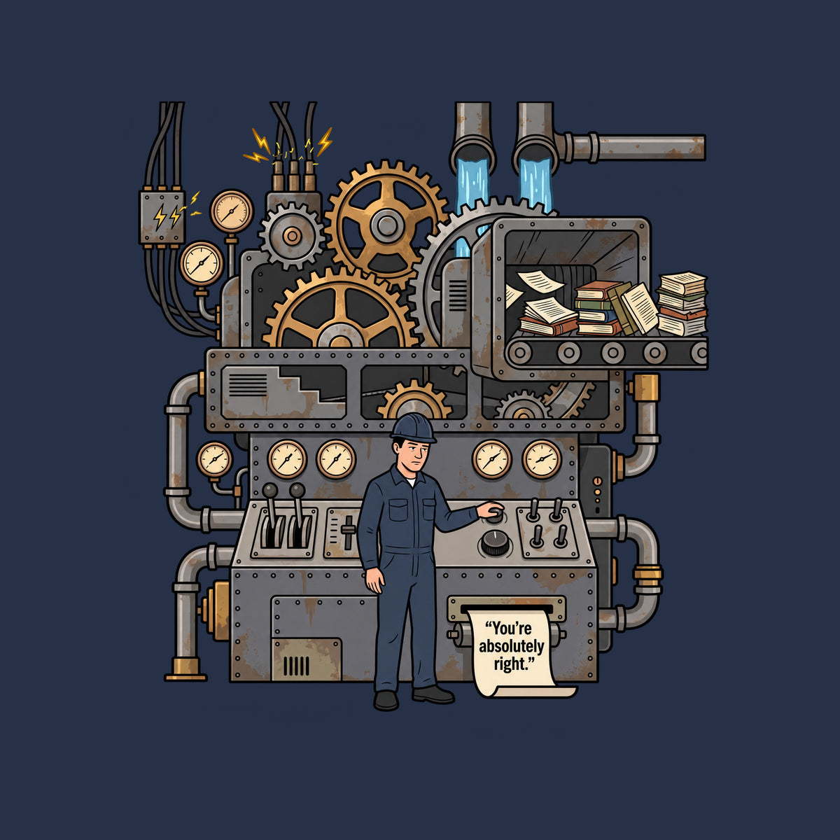 Illustrated industrial machine with exposed gears, gauges and pipes; books feed in on a conveyor while an operator presses a button as a printed sheet reads "You're absolutely right." Artwork shown on the Navy garment colour.