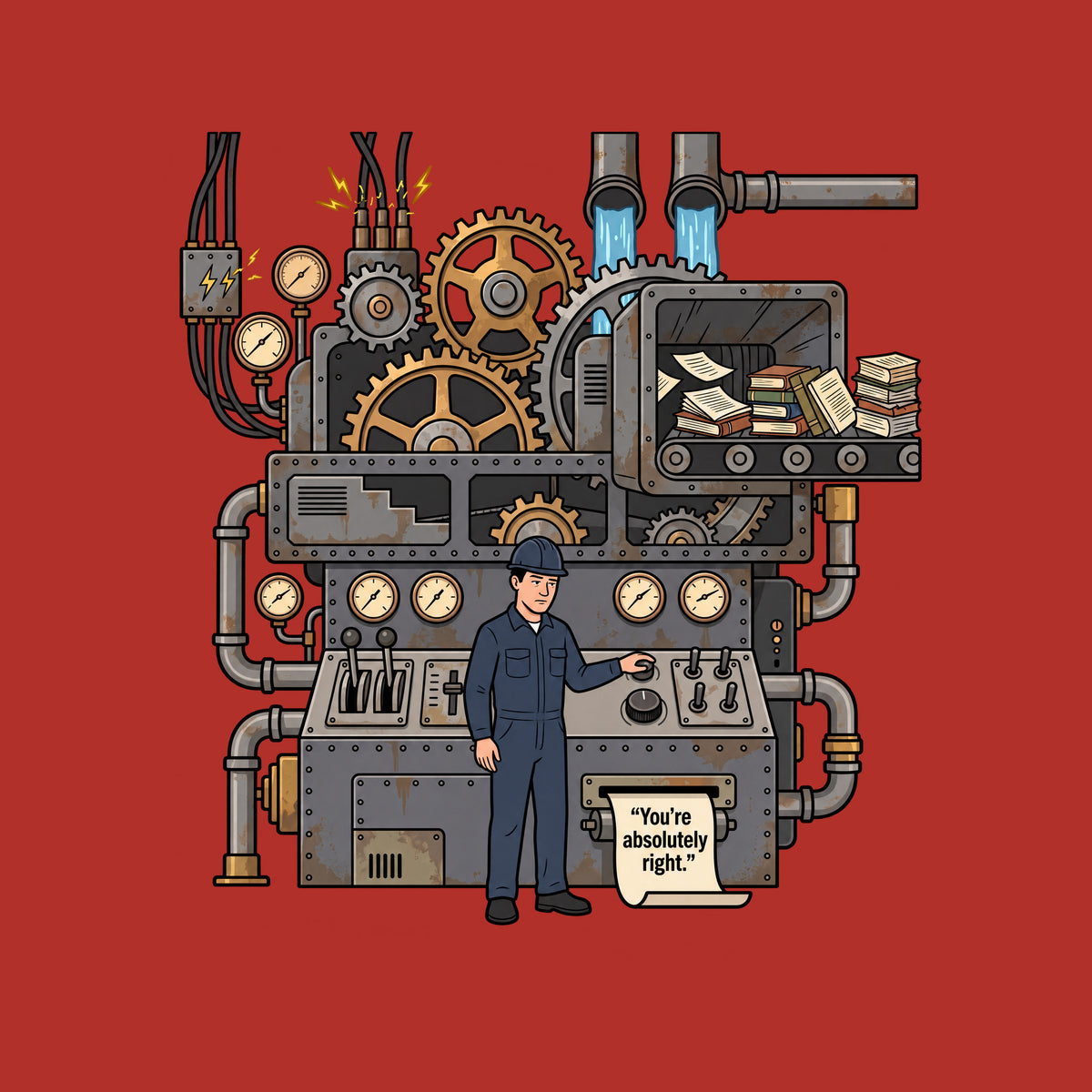 Illustrated industrial machine with exposed gears, gauges and pipes; books feed in on a conveyor while an operator presses a button as a printed sheet reads "You're absolutely right." Artwork shown on the Red garment colour.