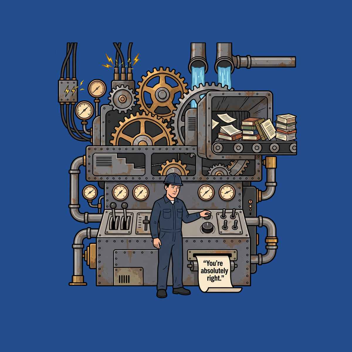 Illustrated industrial machine with exposed gears, gauges and pipes; books feed in on a conveyor while an operator presses a button as a printed sheet reads "You're absolutely right." Artwork shown on the Royal garment colour.