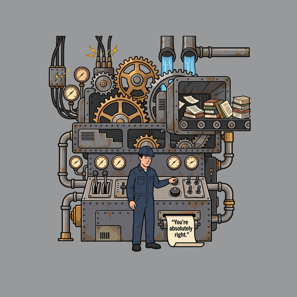 Illustrated industrial machine with exposed gears, gauges and pipes; books feed in on a conveyor while an operator presses a button as a printed sheet reads "You're absolutely right." Artwork shown on the Sport Grey garment colour.