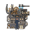 Illustrated industrial machine with exposed gears, gauges and pipes; books feed in on a conveyor while an operator presses a button as a printed sheet reads "You're absolutely right." Artwork shown on the White garment colour.