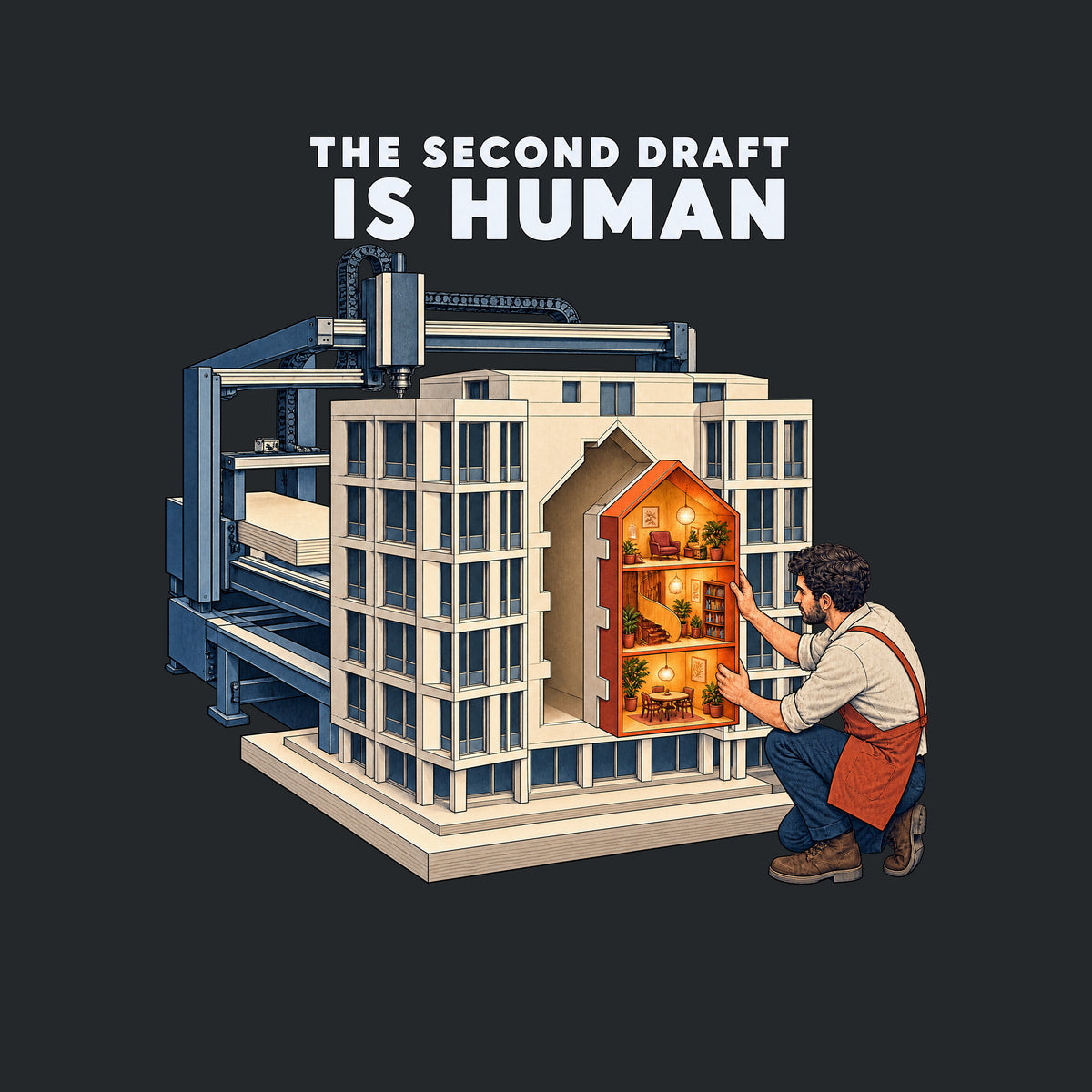 THE SECOND DRAFT IS HUMAN is printed above an illustration of an automated drafting machine that built a pale, multi-story building model. A crouching man fits a glowing amber interior module into a house-shaped opening at its center. Artwork shown on the Black garment colour.