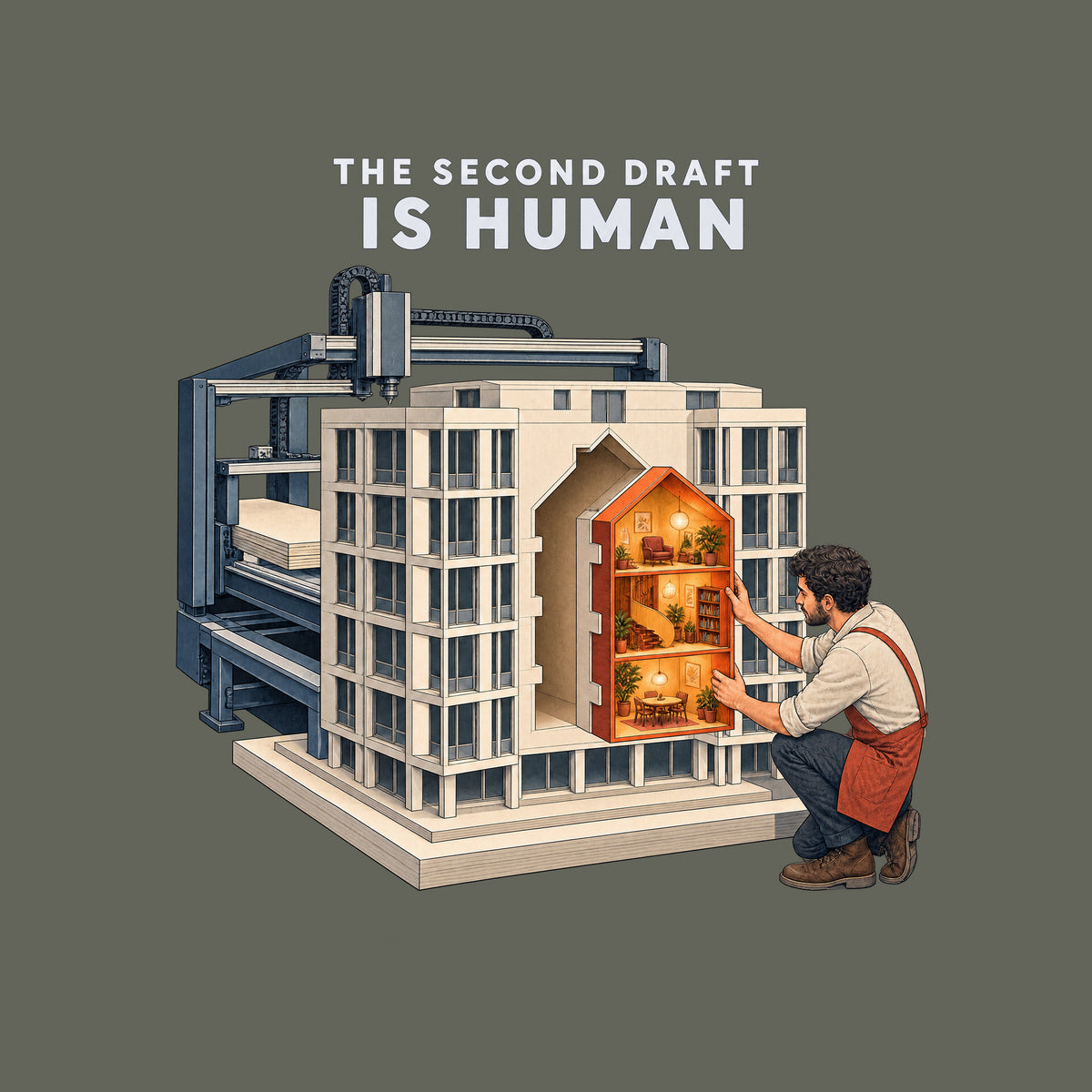THE SECOND DRAFT IS HUMAN is printed above an illustration of an automated drafting machine that built a pale, multi-story building model. A crouching man fits a glowing amber interior module into a house-shaped opening at its center. Artwork shown on the Military Green garment colour.