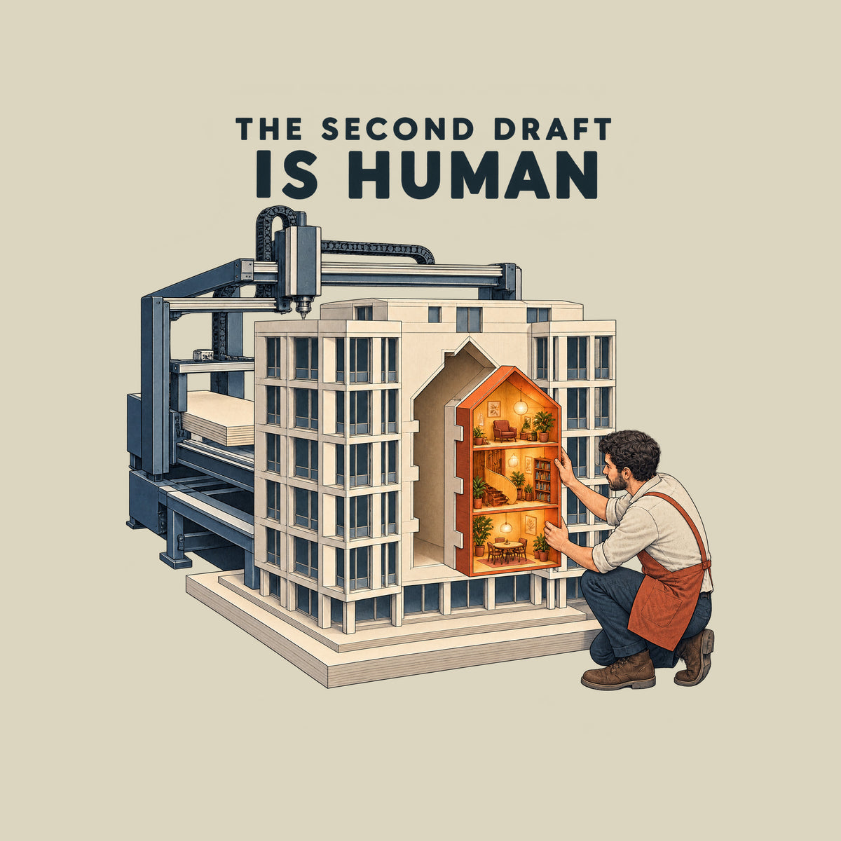 THE SECOND DRAFT IS HUMAN is printed above an illustration of an automated drafting machine that built a pale, multi-story building model. A crouching man fits a glowing amber interior module into a house-shaped opening at its center. Artwork shown on the Natural garment colour.