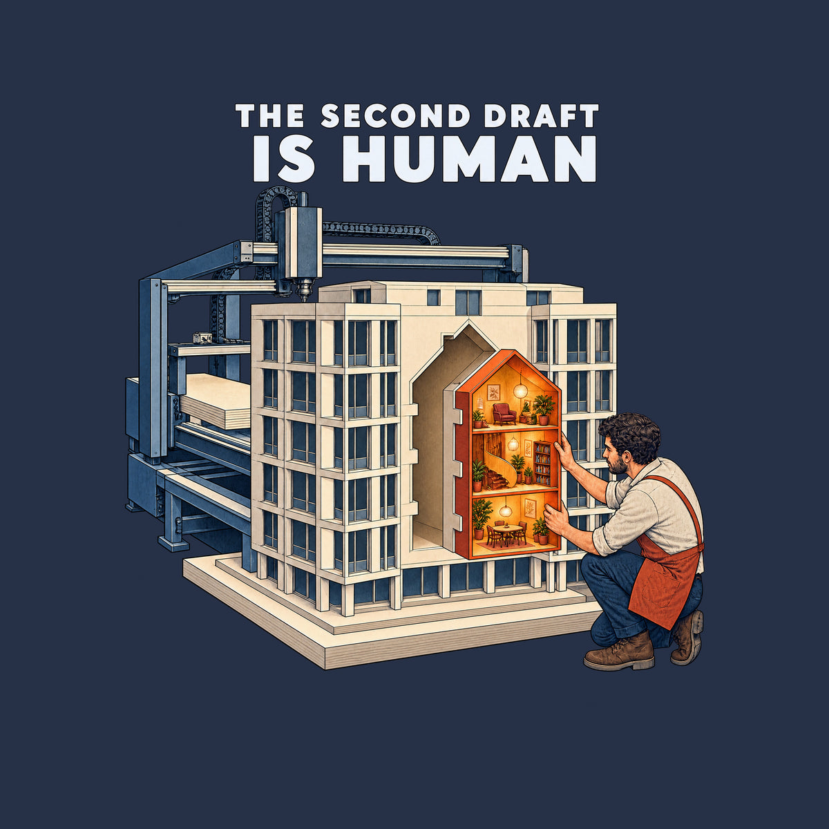 THE SECOND DRAFT IS HUMAN is printed above an illustration of an automated drafting machine that built a pale, multi-story building model. A crouching man fits a glowing amber interior module into a house-shaped opening at its center. Artwork shown on the Navy garment colour.