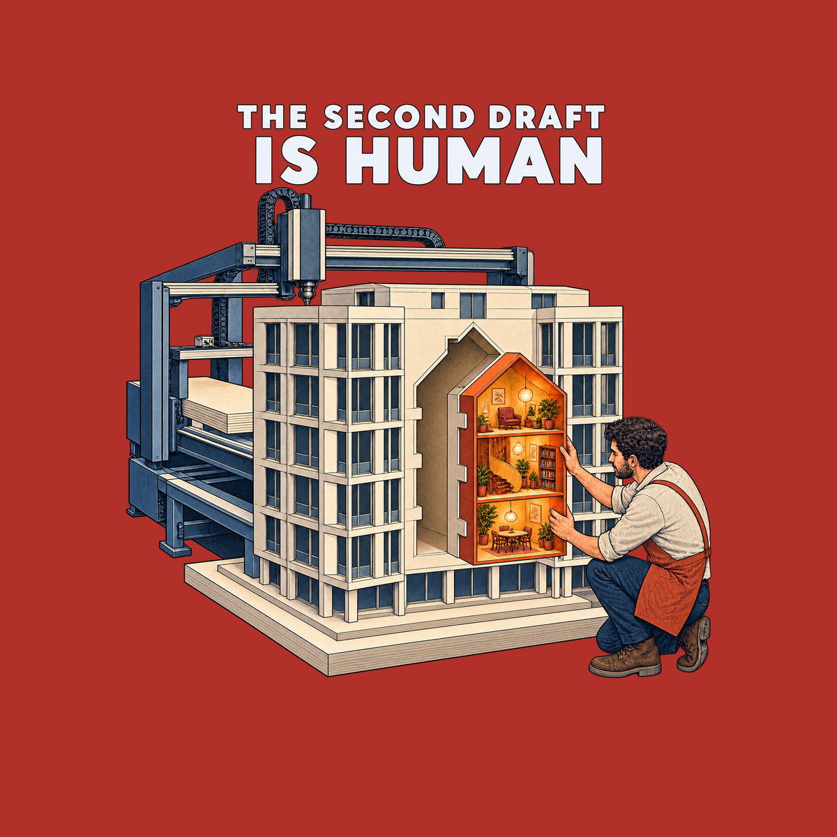 THE SECOND DRAFT IS HUMAN is printed above an illustration of an automated drafting machine that built a pale, multi-story building model. A crouching man fits a glowing amber interior module into a house-shaped opening at its center. Artwork shown on the Red garment colour.