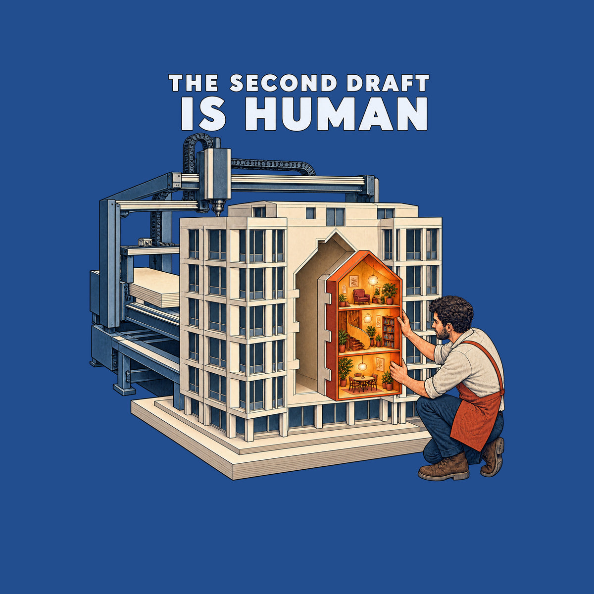 THE SECOND DRAFT IS HUMAN is printed above an illustration of an automated drafting machine that built a pale, multi-story building model. A crouching man fits a glowing amber interior module into a house-shaped opening at its center. Artwork shown on the Royal garment colour.