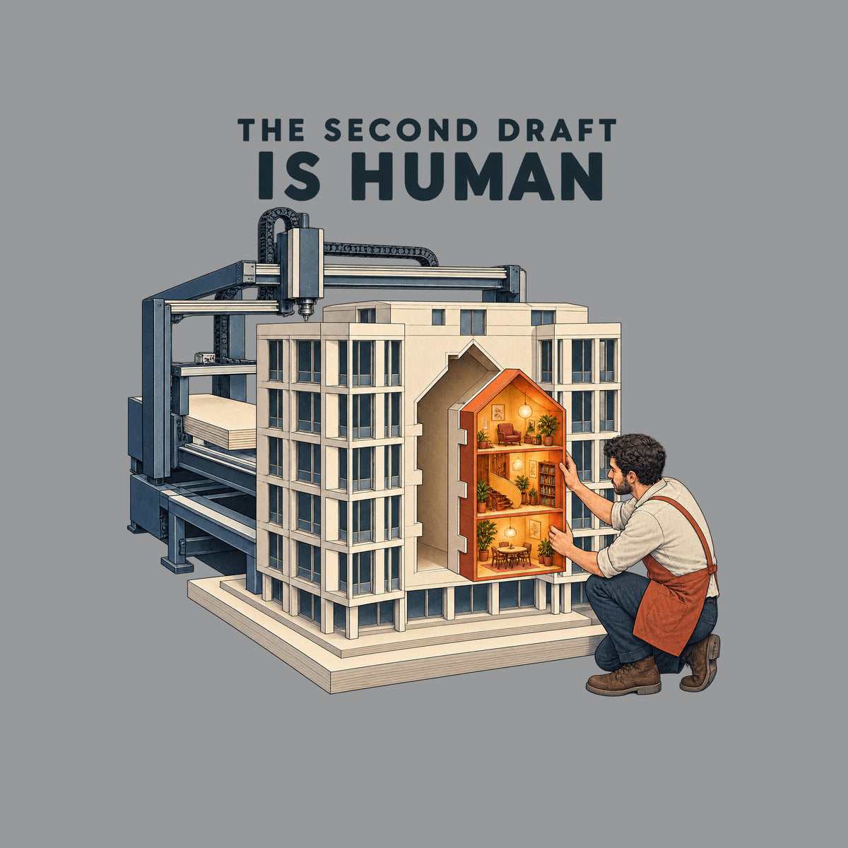 THE SECOND DRAFT IS HUMAN is printed above an illustration of an automated drafting machine that built a pale, multi-story building model. A crouching man fits a glowing amber interior module into a house-shaped opening at its center. Artwork shown on the Sport Grey garment colour.