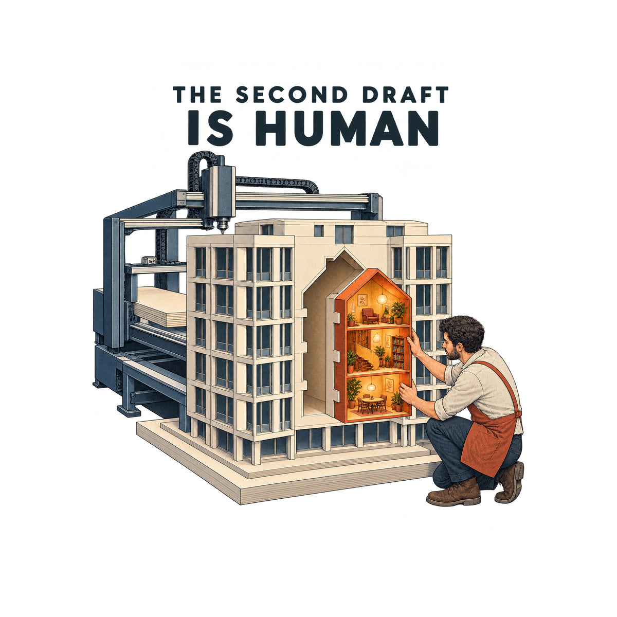 THE SECOND DRAFT IS HUMAN is printed above an illustration of an automated drafting machine that built a pale, multi-story building model. A crouching man fits a glowing amber interior module into a house-shaped opening at its center. Artwork shown on the White garment colour.