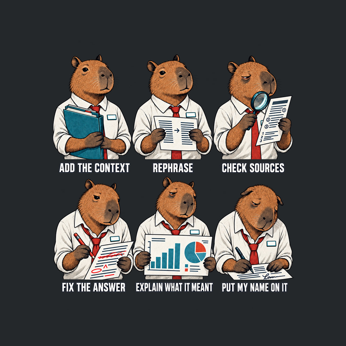 Six-panel comic of one tired capybara office worker, captioned ADD THE CONTEXT, REPHRASE, CHECK SOURCES, FIX THE ANSWER, EXPLAIN WHAT IT MEANT, PUT MY NAME ON IT, each holding a matching folder, page, or chart. Artwork shown on the Black garment colour.