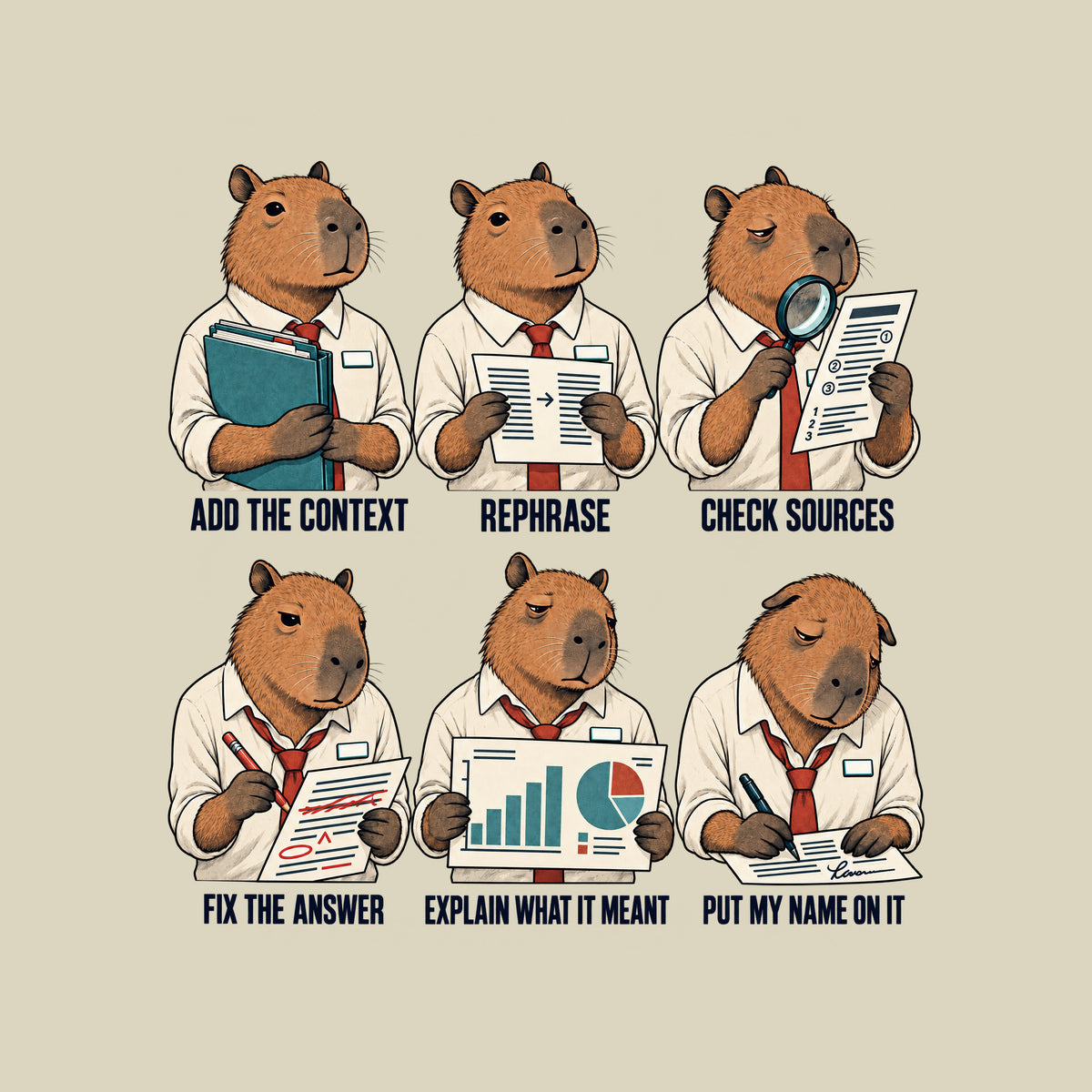 Six-panel comic of one tired capybara office worker, captioned ADD THE CONTEXT, REPHRASE, CHECK SOURCES, FIX THE ANSWER, EXPLAIN WHAT IT MEANT, PUT MY NAME ON IT, each holding a matching folder, page, or chart. Artwork shown on the Natural garment colour.