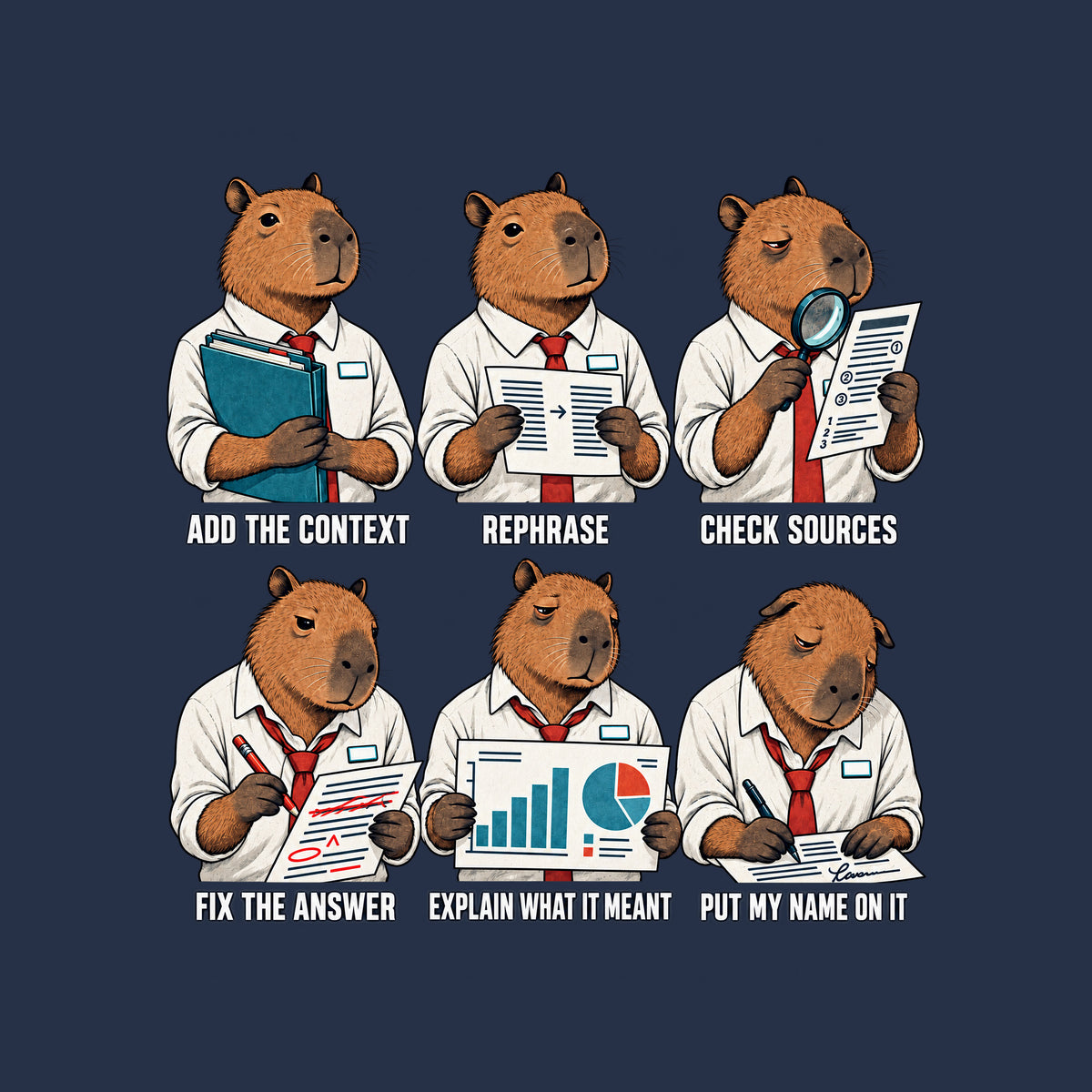 Six-panel comic of one tired capybara office worker, captioned ADD THE CONTEXT, REPHRASE, CHECK SOURCES, FIX THE ANSWER, EXPLAIN WHAT IT MEANT, PUT MY NAME ON IT, each holding a matching folder, page, or chart. Artwork shown on the Navy garment colour.
