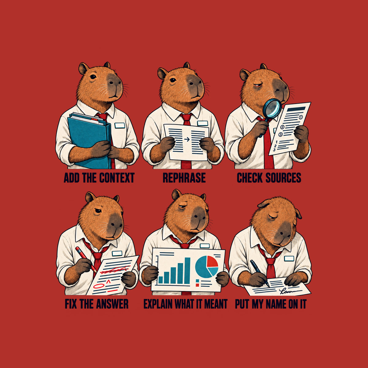 Six-panel comic of one tired capybara office worker, captioned ADD THE CONTEXT, REPHRASE, CHECK SOURCES, FIX THE ANSWER, EXPLAIN WHAT IT MEANT, PUT MY NAME ON IT, each holding a matching folder, page, or chart. Artwork shown on the Red garment colour.