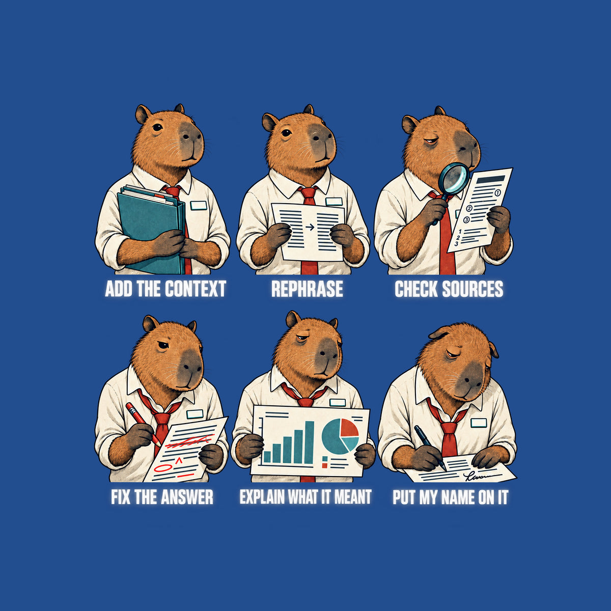 Six-panel comic of one tired capybara office worker, captioned ADD THE CONTEXT, REPHRASE, CHECK SOURCES, FIX THE ANSWER, EXPLAIN WHAT IT MEANT, PUT MY NAME ON IT, each holding a matching folder, page, or chart. Artwork shown on the Royal garment colour.
