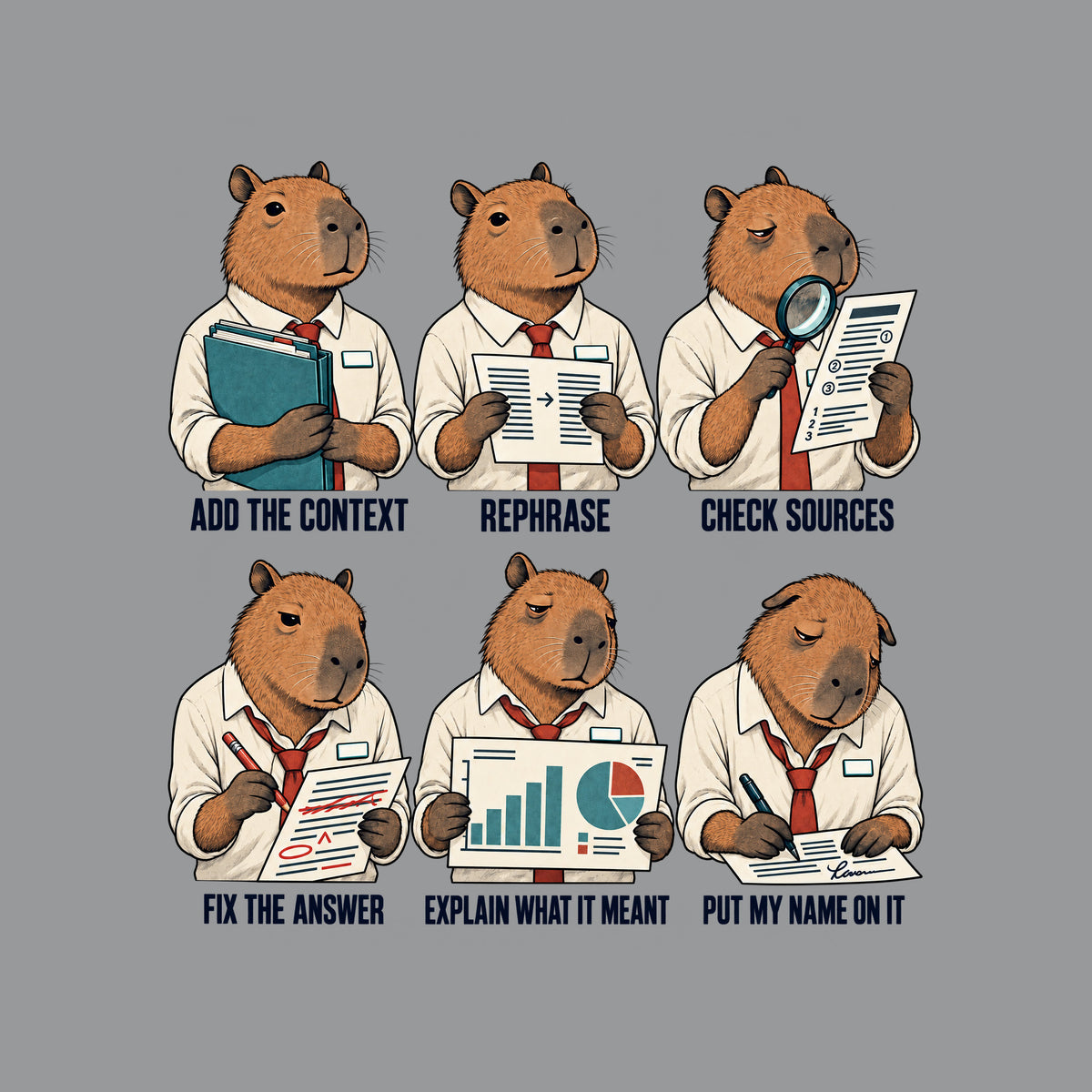 Six-panel comic of one tired capybara office worker, captioned ADD THE CONTEXT, REPHRASE, CHECK SOURCES, FIX THE ANSWER, EXPLAIN WHAT IT MEANT, PUT MY NAME ON IT, each holding a matching folder, page, or chart. Artwork shown on the Sport Grey garment colour.