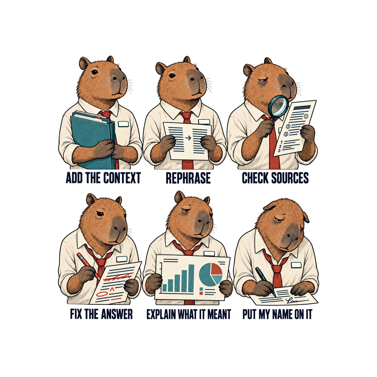 Six-panel comic of one tired capybara office worker, captioned ADD THE CONTEXT, REPHRASE, CHECK SOURCES, FIX THE ANSWER, EXPLAIN WHAT IT MEANT, PUT MY NAME ON IT, each holding a matching folder, page, or chart. Artwork shown on the White garment colour.