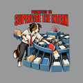 Illustration of an anthropomorphic border collie in a white shirt and red tie, working a lever on a circular document-sorting machine while pulling a red file from the wrong chute. Arched red headline reads PROMOTED TO SUPERVISE THE INTERN. Artwork shown on the Sport Grey garment colour.