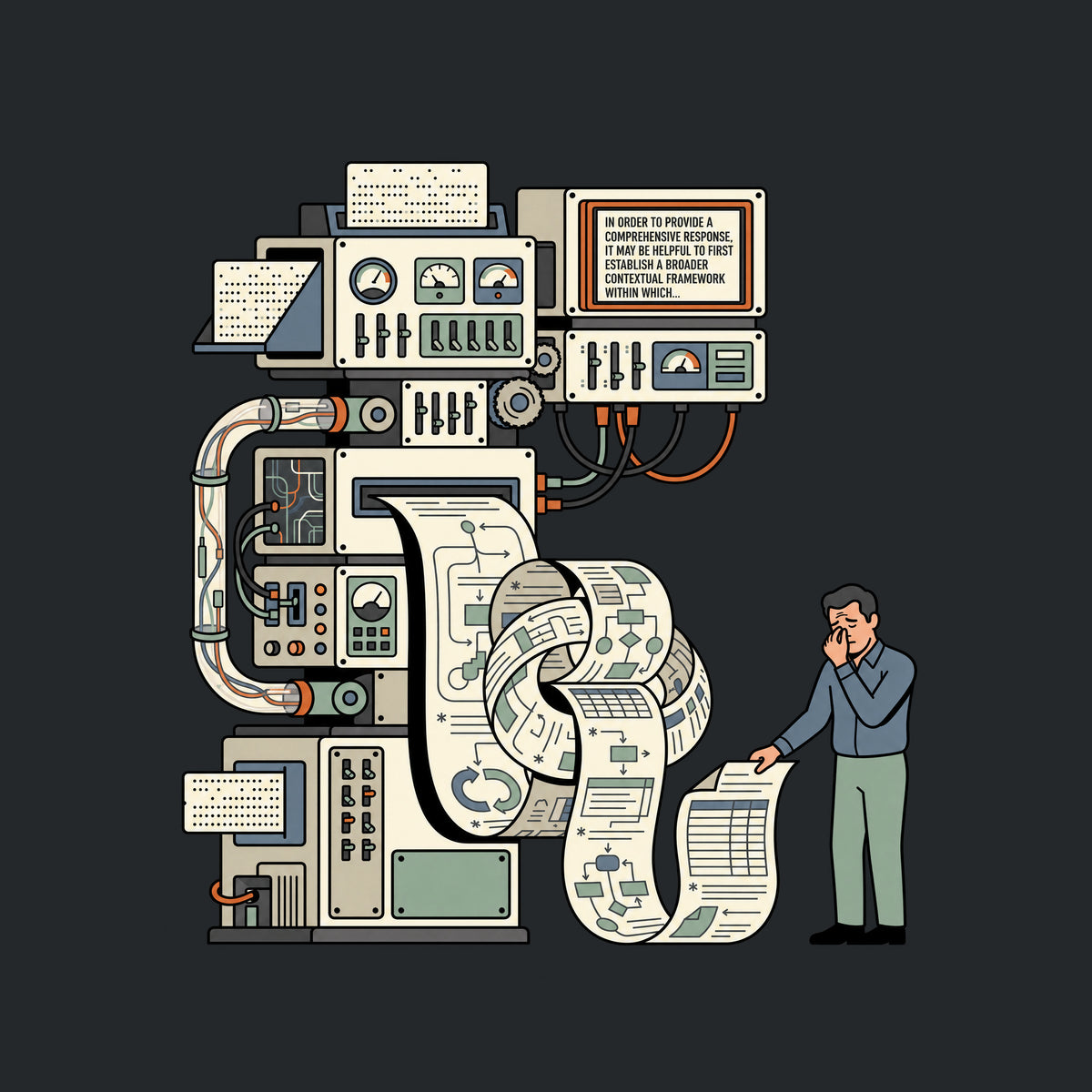 Machine with gauges and tubes feeds a knotted paper printout; its display reads IN ORDER TO PROVIDE A COMPREHENSIVE RESPONSE, IT MAY BE HELPFUL TO FIRST ESTABLISH A BROADER CONTEXTUAL FRAMEWORK WITHIN WHICH..., as a man pinches his nose reading it. Artwork shown on the Black garment colour.