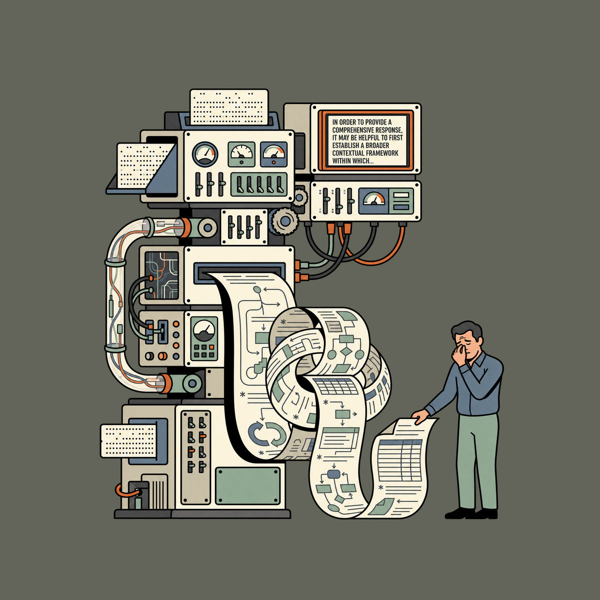 Machine with gauges and tubes feeds a knotted paper printout; its display reads IN ORDER TO PROVIDE A COMPREHENSIVE RESPONSE, IT MAY BE HELPFUL TO FIRST ESTABLISH A BROADER CONTEXTUAL FRAMEWORK WITHIN WHICH..., as a man pinches his nose reading it. Artwork shown on the Military Green garment colour.