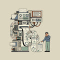 Machine with gauges and tubes feeds a knotted paper printout; its display reads IN ORDER TO PROVIDE A COMPREHENSIVE RESPONSE, IT MAY BE HELPFUL TO FIRST ESTABLISH A BROADER CONTEXTUAL FRAMEWORK WITHIN WHICH..., as a man pinches his nose reading it. Artwork shown on the Natural garment colour.