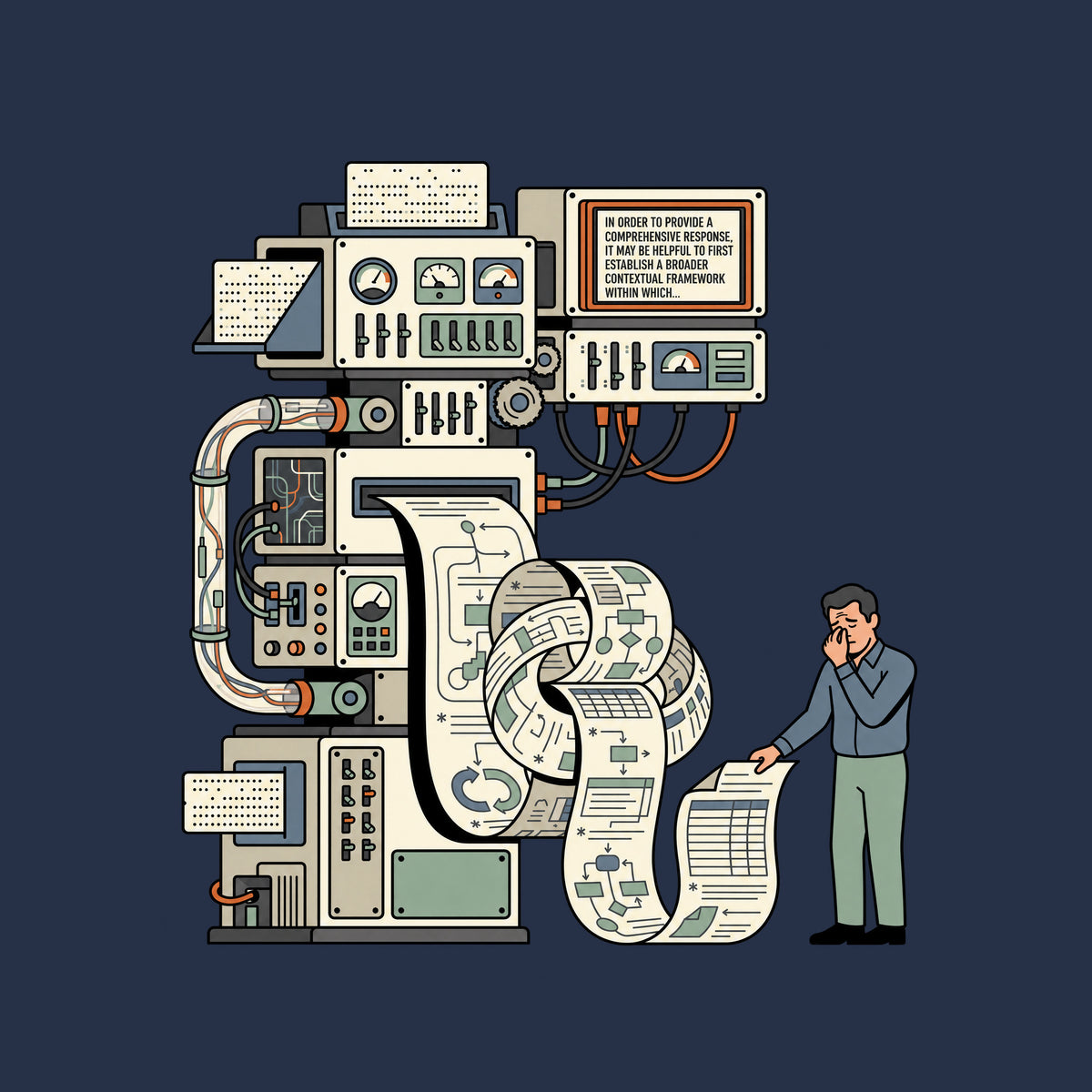 Machine with gauges and tubes feeds a knotted paper printout; its display reads IN ORDER TO PROVIDE A COMPREHENSIVE RESPONSE, IT MAY BE HELPFUL TO FIRST ESTABLISH A BROADER CONTEXTUAL FRAMEWORK WITHIN WHICH..., as a man pinches his nose reading it. Artwork shown on the Navy garment colour.