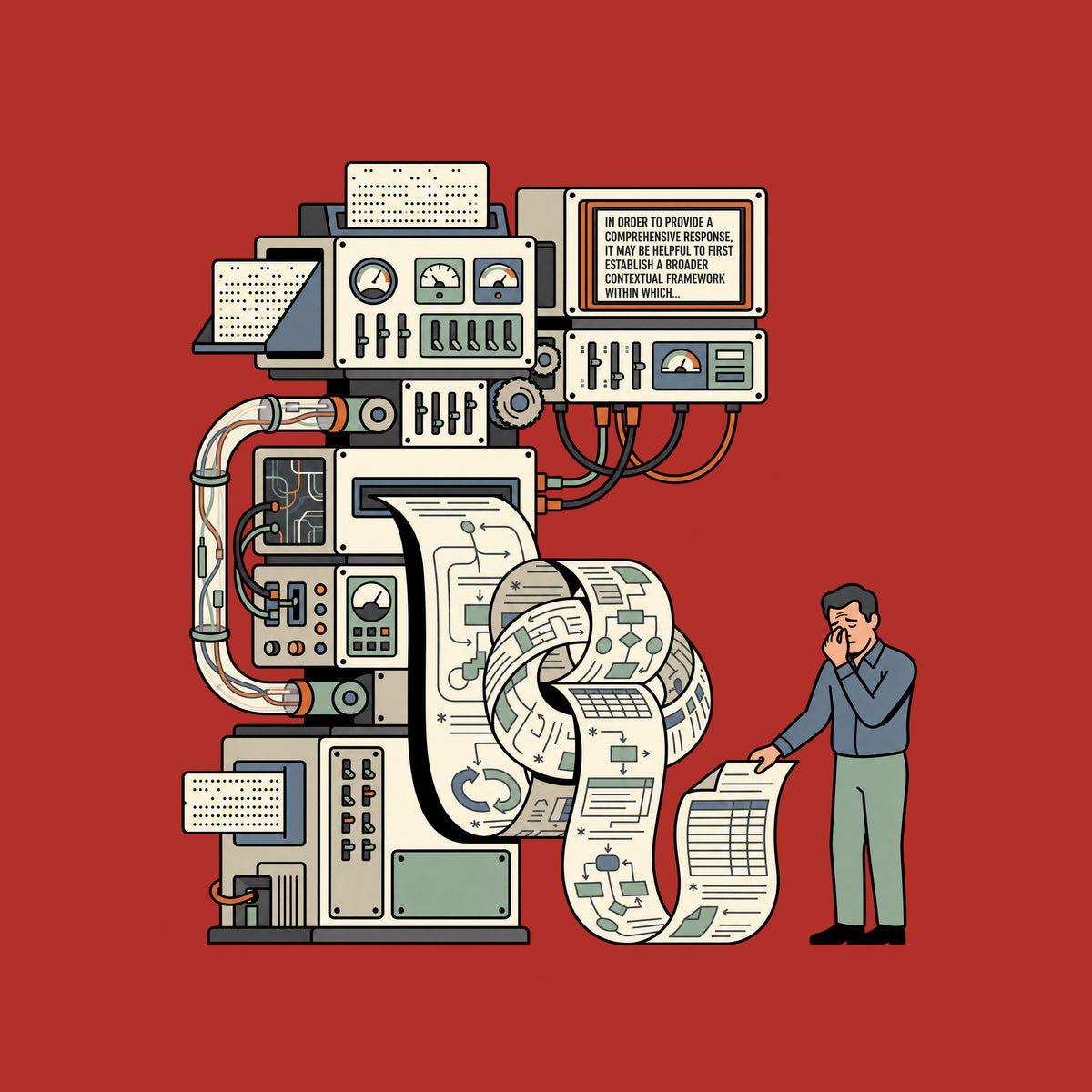 Machine with gauges and tubes feeds a knotted paper printout; its display reads IN ORDER TO PROVIDE A COMPREHENSIVE RESPONSE, IT MAY BE HELPFUL TO FIRST ESTABLISH A BROADER CONTEXTUAL FRAMEWORK WITHIN WHICH..., as a man pinches his nose reading it. Artwork shown on the Red garment colour.