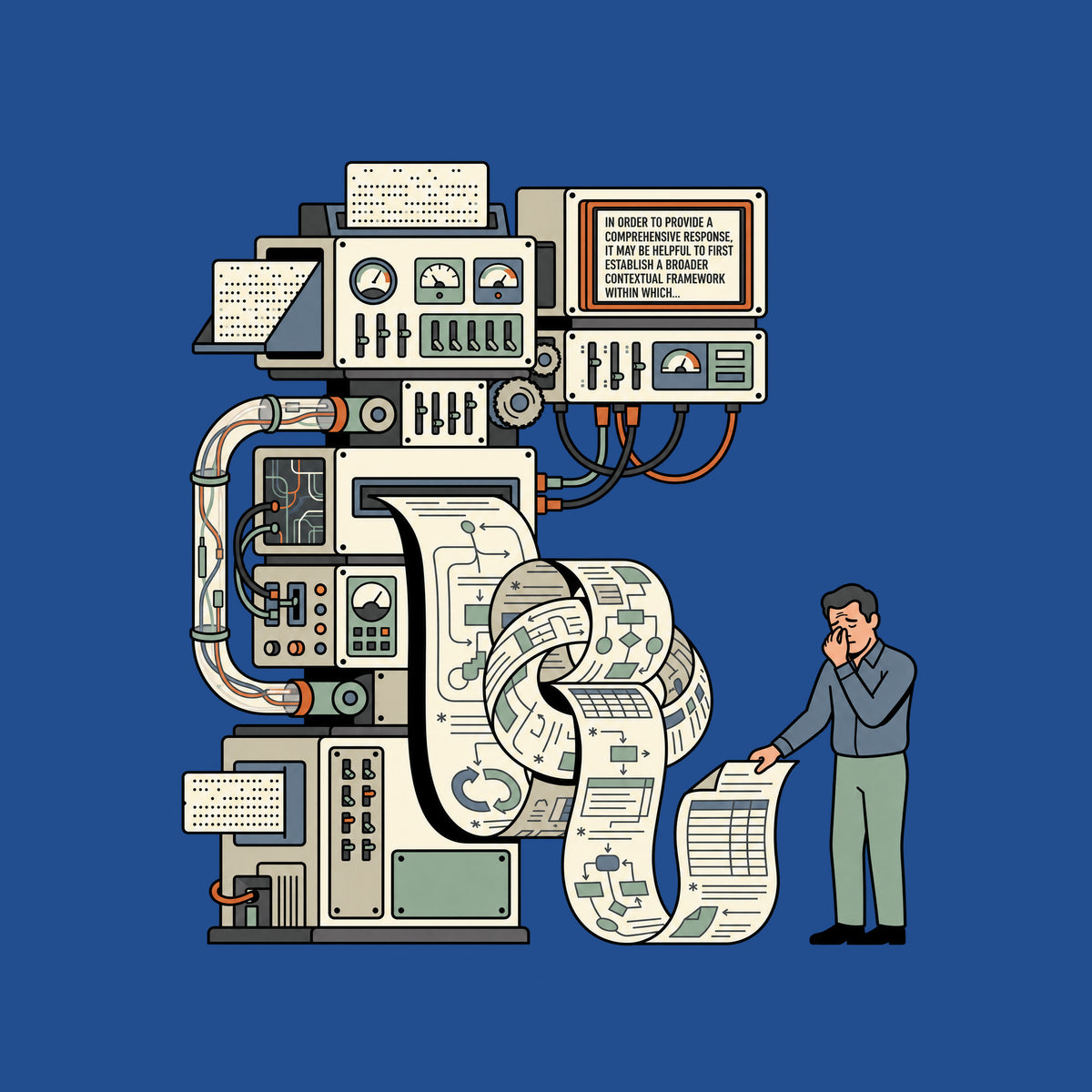Machine with gauges and tubes feeds a knotted paper printout; its display reads IN ORDER TO PROVIDE A COMPREHENSIVE RESPONSE, IT MAY BE HELPFUL TO FIRST ESTABLISH A BROADER CONTEXTUAL FRAMEWORK WITHIN WHICH..., as a man pinches his nose reading it. Artwork shown on the Royal garment colour.