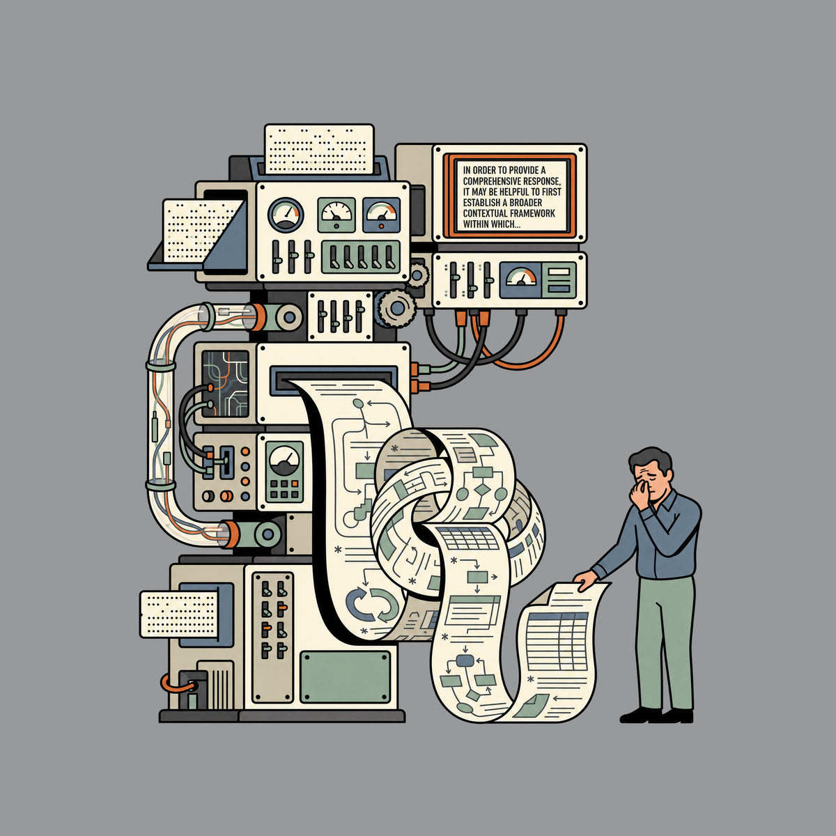 Machine with gauges and tubes feeds a knotted paper printout; its display reads IN ORDER TO PROVIDE A COMPREHENSIVE RESPONSE, IT MAY BE HELPFUL TO FIRST ESTABLISH A BROADER CONTEXTUAL FRAMEWORK WITHIN WHICH..., as a man pinches his nose reading it. Artwork shown on the Sport Grey garment colour.