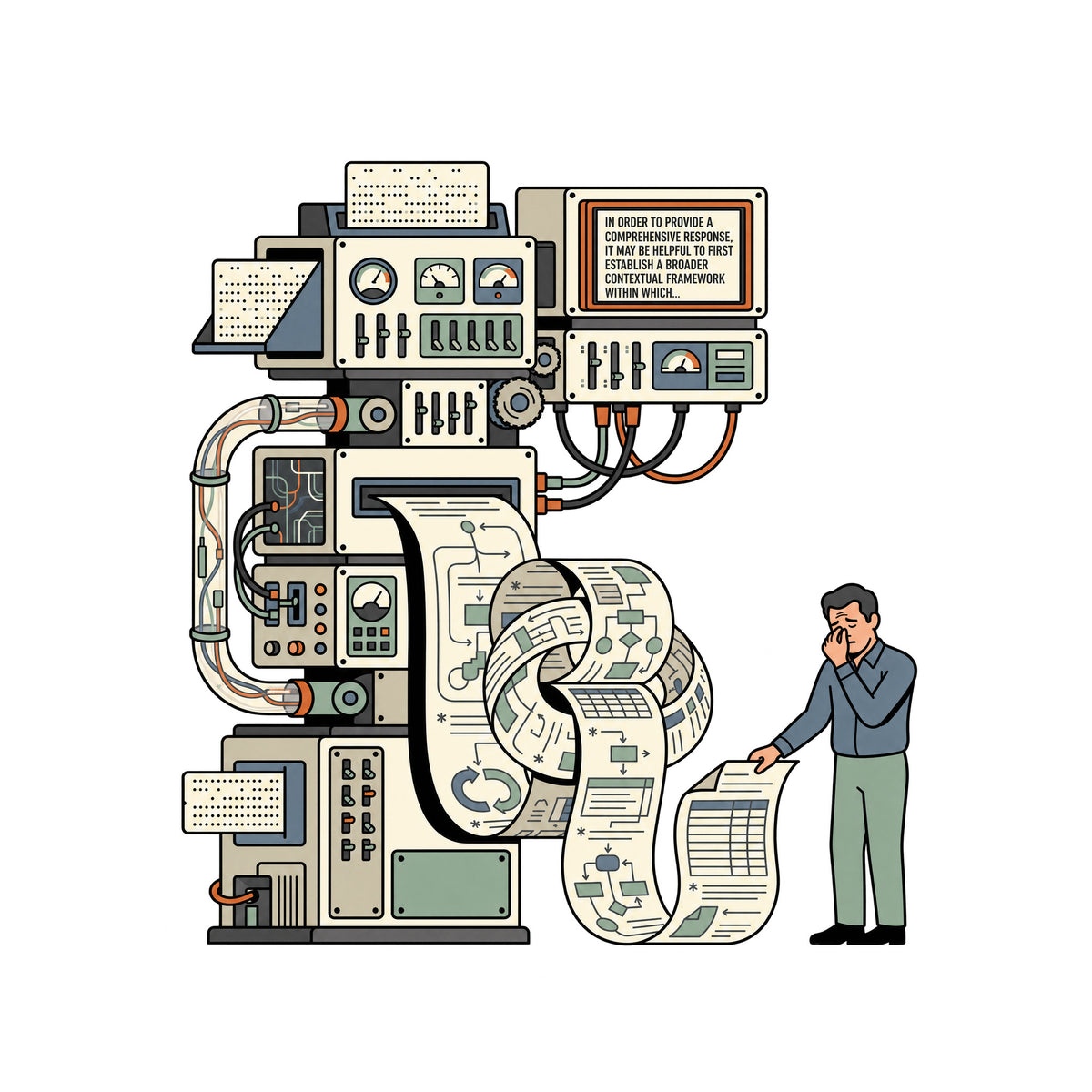 Machine with gauges and tubes feeds a knotted paper printout; its display reads IN ORDER TO PROVIDE A COMPREHENSIVE RESPONSE, IT MAY BE HELPFUL TO FIRST ESTABLISH A BROADER CONTEXTUAL FRAMEWORK WITHIN WHICH..., as a man pinches his nose reading it. Artwork shown on the White garment colour.