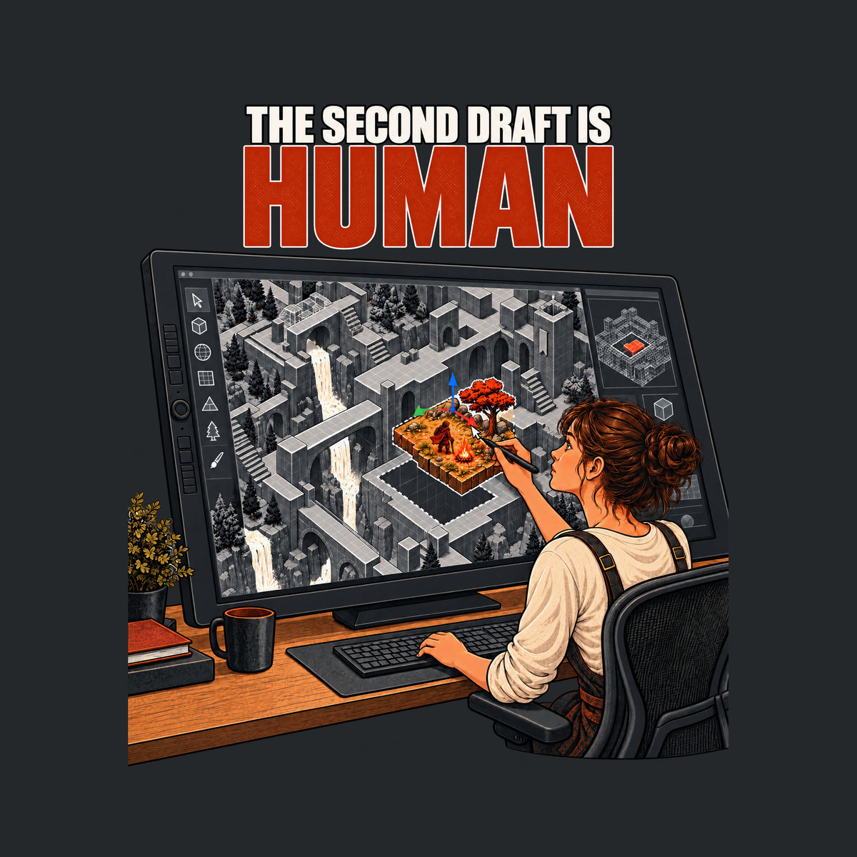 Illustration of a woman at a large pen-display monitor, stylus in hand, placing a warm hand-drawn game tile with a tiny adventurer, campfire and tree into a grey isometric fantasy world, above the text THE SECOND DRAFT IS HUMAN. Artwork shown on the Black garment colour.