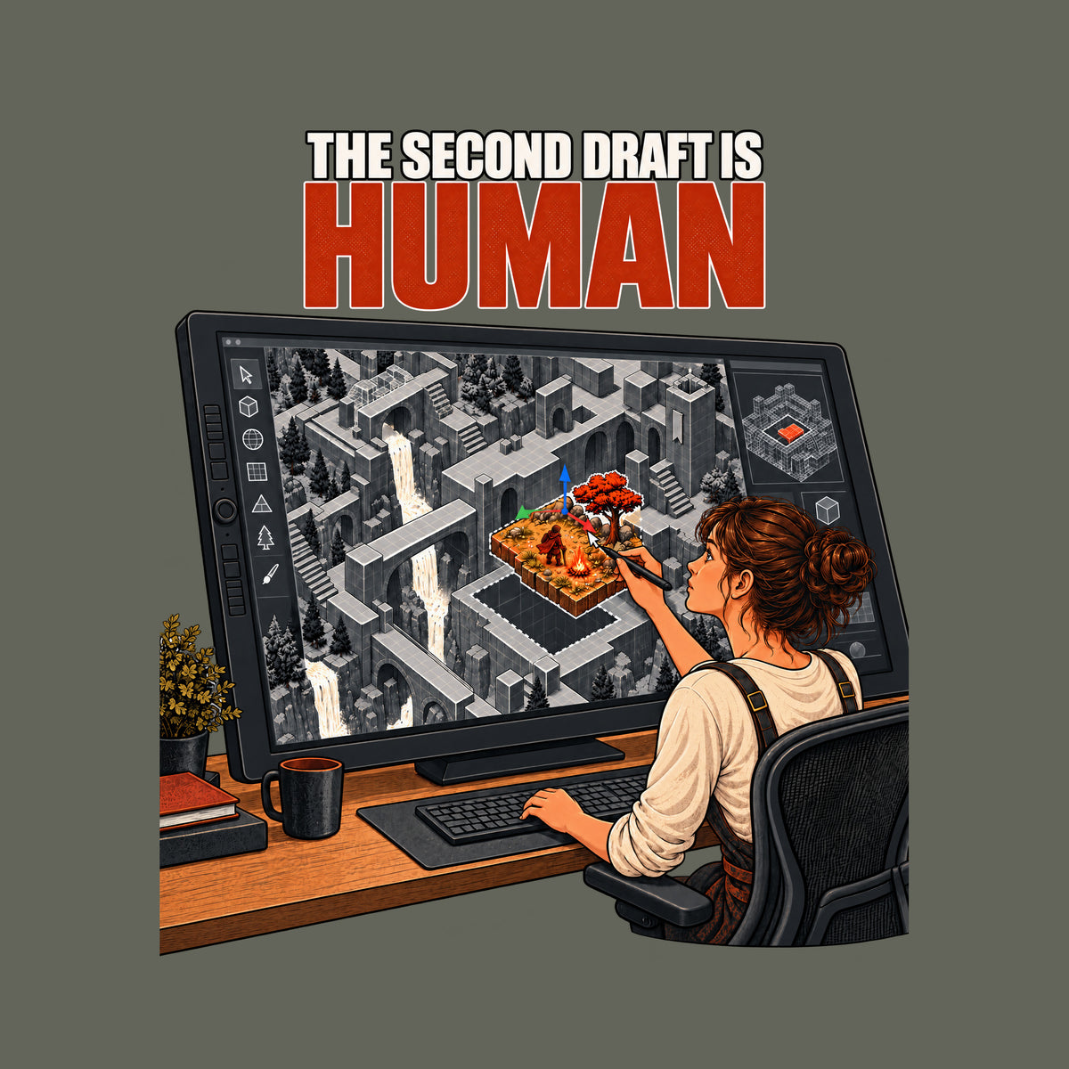 Illustration of a woman at a large pen-display monitor, stylus in hand, placing a warm hand-drawn game tile with a tiny adventurer, campfire and tree into a grey isometric fantasy world, above the text THE SECOND DRAFT IS HUMAN. Artwork shown on the Military Green garment colour.