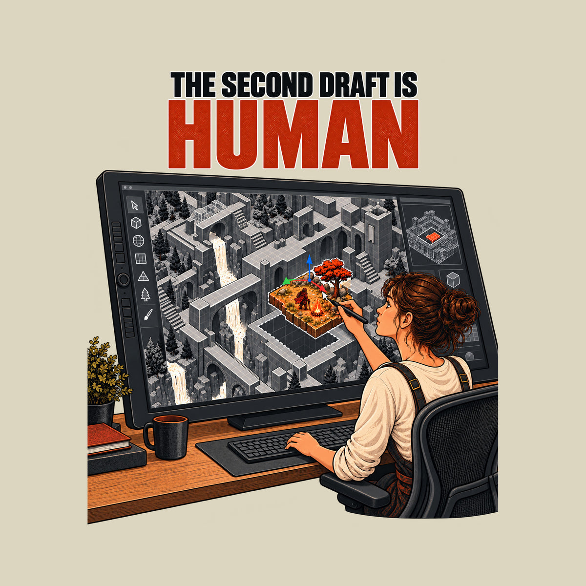 Illustration of a woman at a large pen-display monitor, stylus in hand, placing a warm hand-drawn game tile with a tiny adventurer, campfire and tree into a grey isometric fantasy world, above the text THE SECOND DRAFT IS HUMAN. Artwork shown on the Natural garment colour.