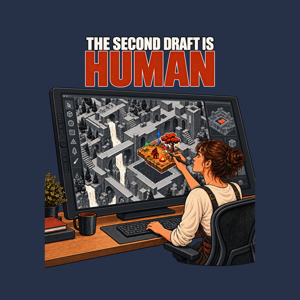 Illustration of a woman at a large pen-display monitor, stylus in hand, placing a warm hand-drawn game tile with a tiny adventurer, campfire and tree into a grey isometric fantasy world, above the text THE SECOND DRAFT IS HUMAN. Artwork shown on the Navy garment colour.