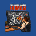 Illustration of a woman at a large pen-display monitor, stylus in hand, placing a warm hand-drawn game tile with a tiny adventurer, campfire and tree into a grey isometric fantasy world, above the text THE SECOND DRAFT IS HUMAN. Artwork shown on the Royal garment colour.