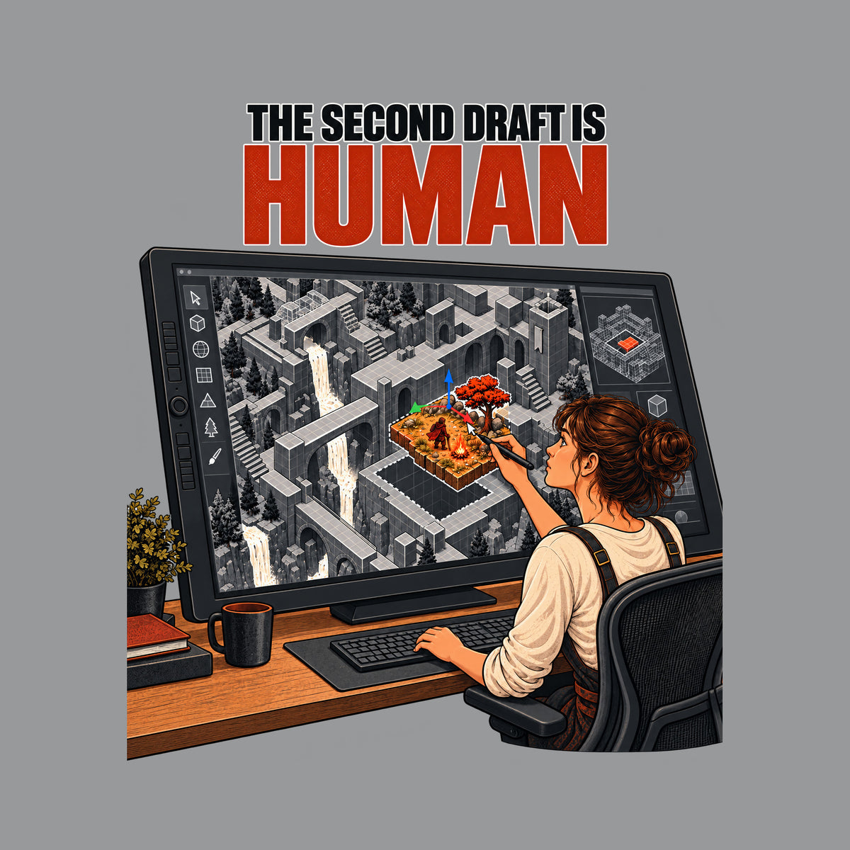 Illustration of a woman at a large pen-display monitor, stylus in hand, placing a warm hand-drawn game tile with a tiny adventurer, campfire and tree into a grey isometric fantasy world, above the text THE SECOND DRAFT IS HUMAN. Artwork shown on the Sport Grey garment colour.