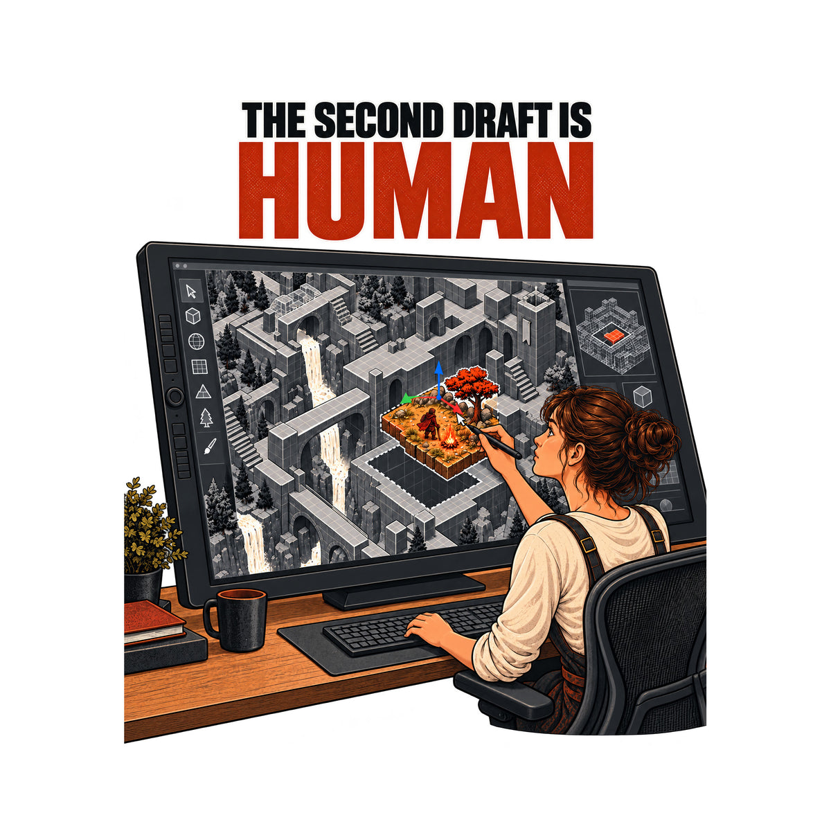 Illustration of a woman at a large pen-display monitor, stylus in hand, placing a warm hand-drawn game tile with a tiny adventurer, campfire and tree into a grey isometric fantasy world, above the text THE SECOND DRAFT IS HUMAN. Artwork shown on the White garment colour.